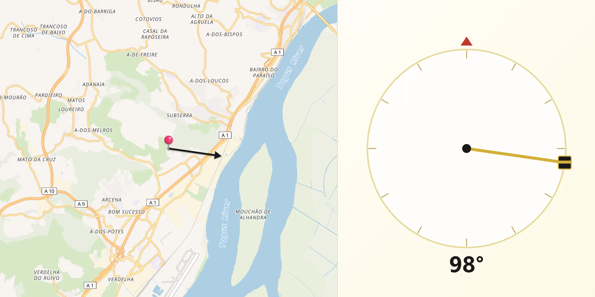 Direção da Qibla a partir de Vila Franca de Xira