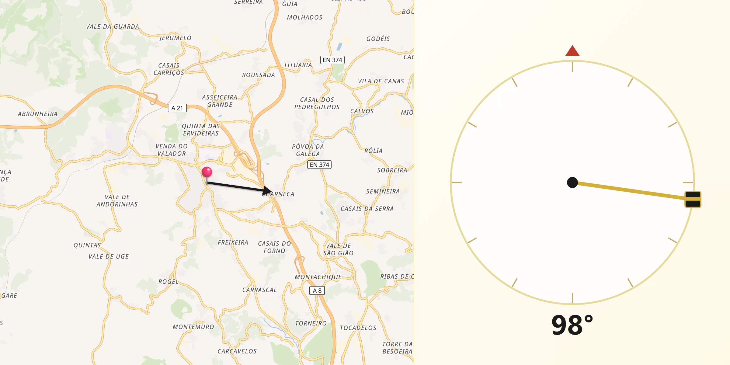 Direção da Qibla a partir de Venda do Pinheiro