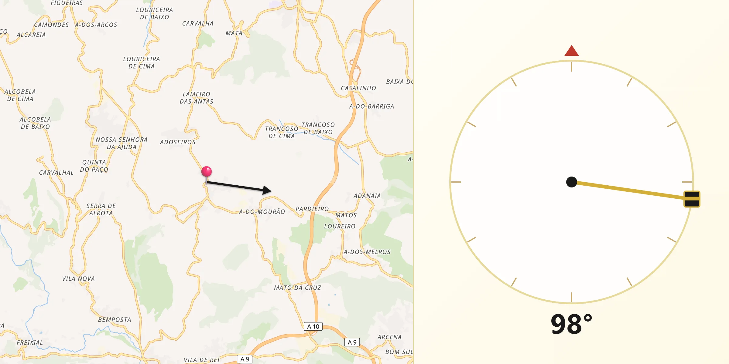 Direção da Qibla a partir de Santiago dos Velhos