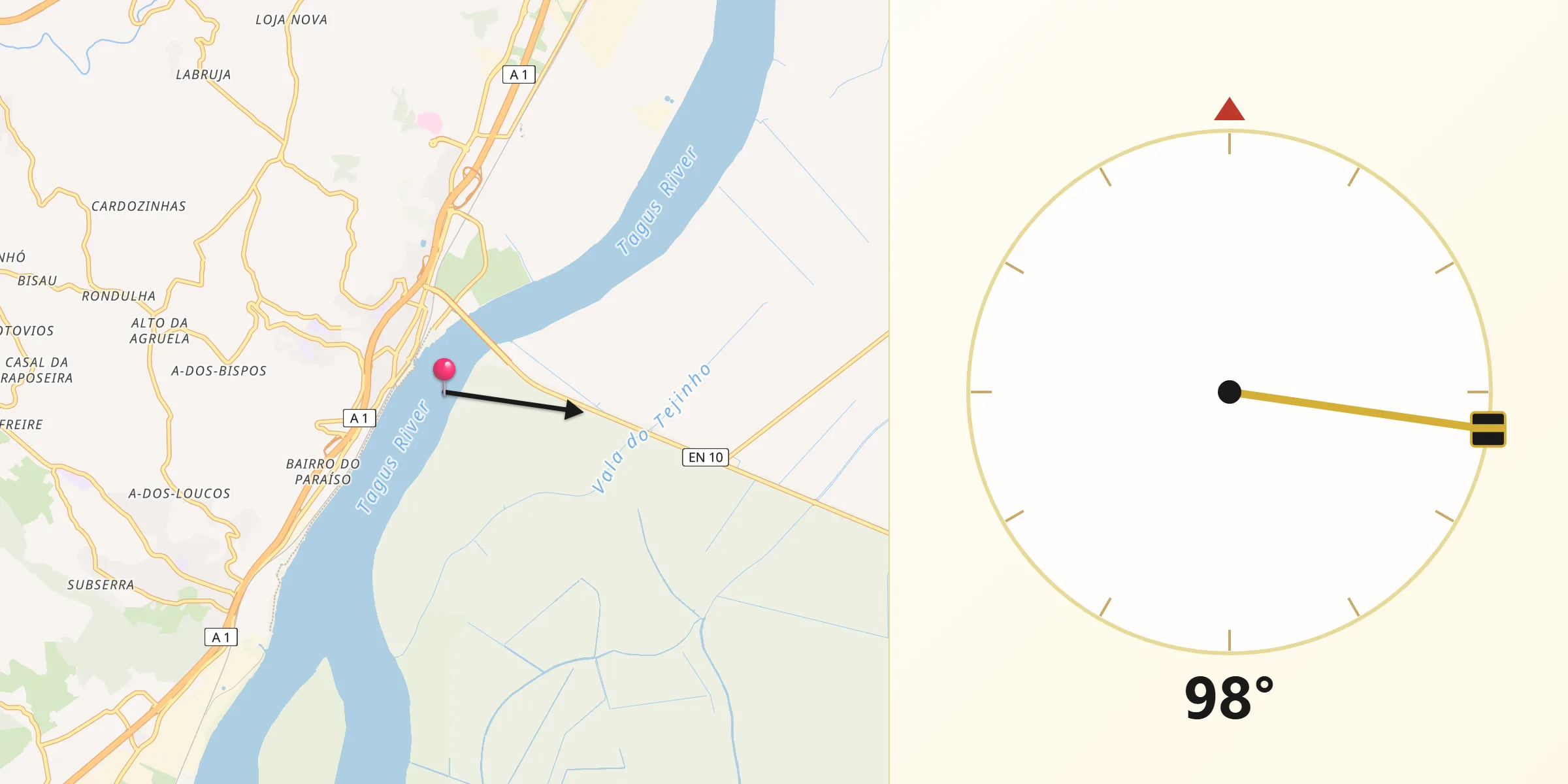 Direção da Qibla a partir de Vila Franca de Xira