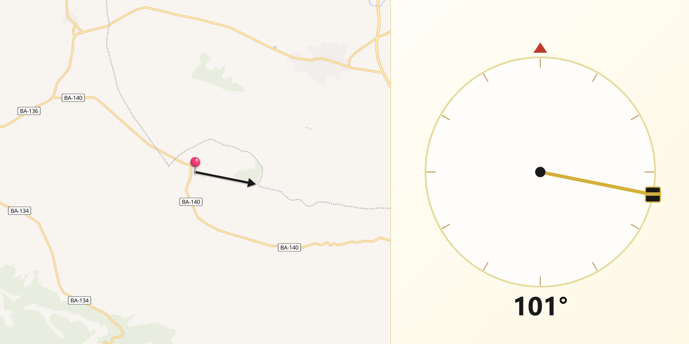 Dirección de la Qibla desde Baterno