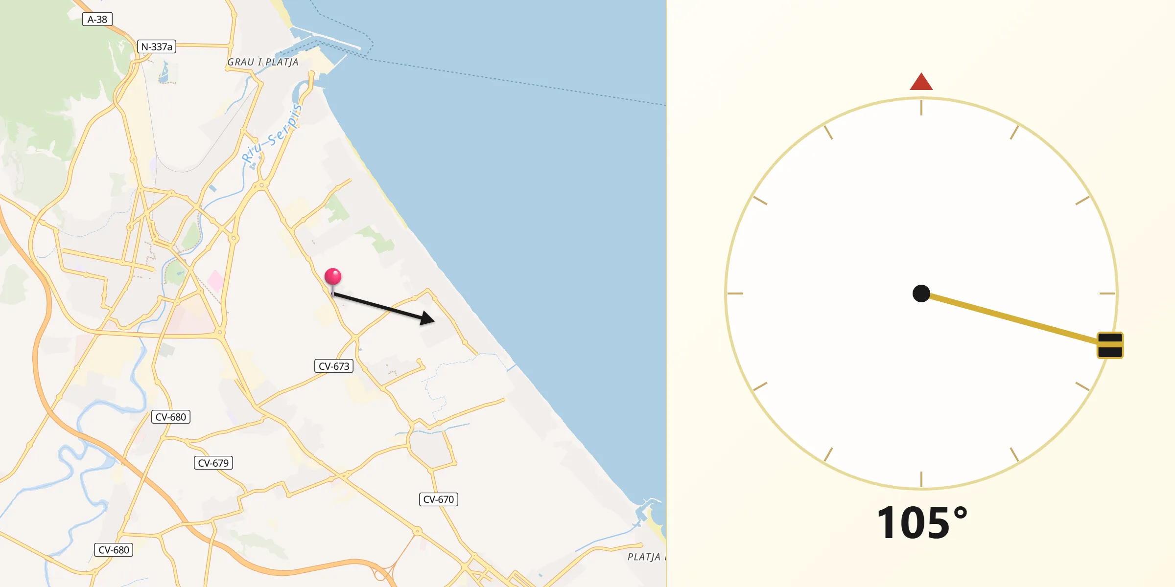 Dirección de la Qibla desde Guardamar de la Safor