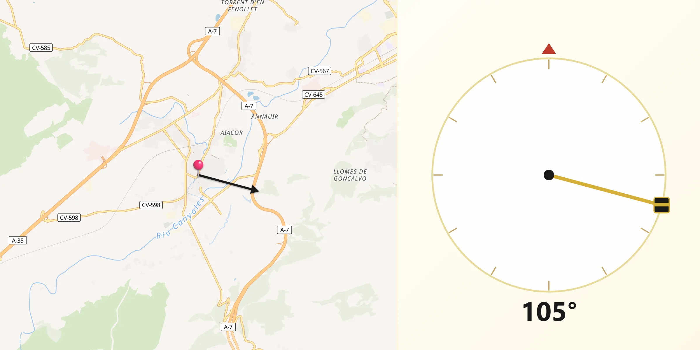 Dirección de la Qibla desde Canals