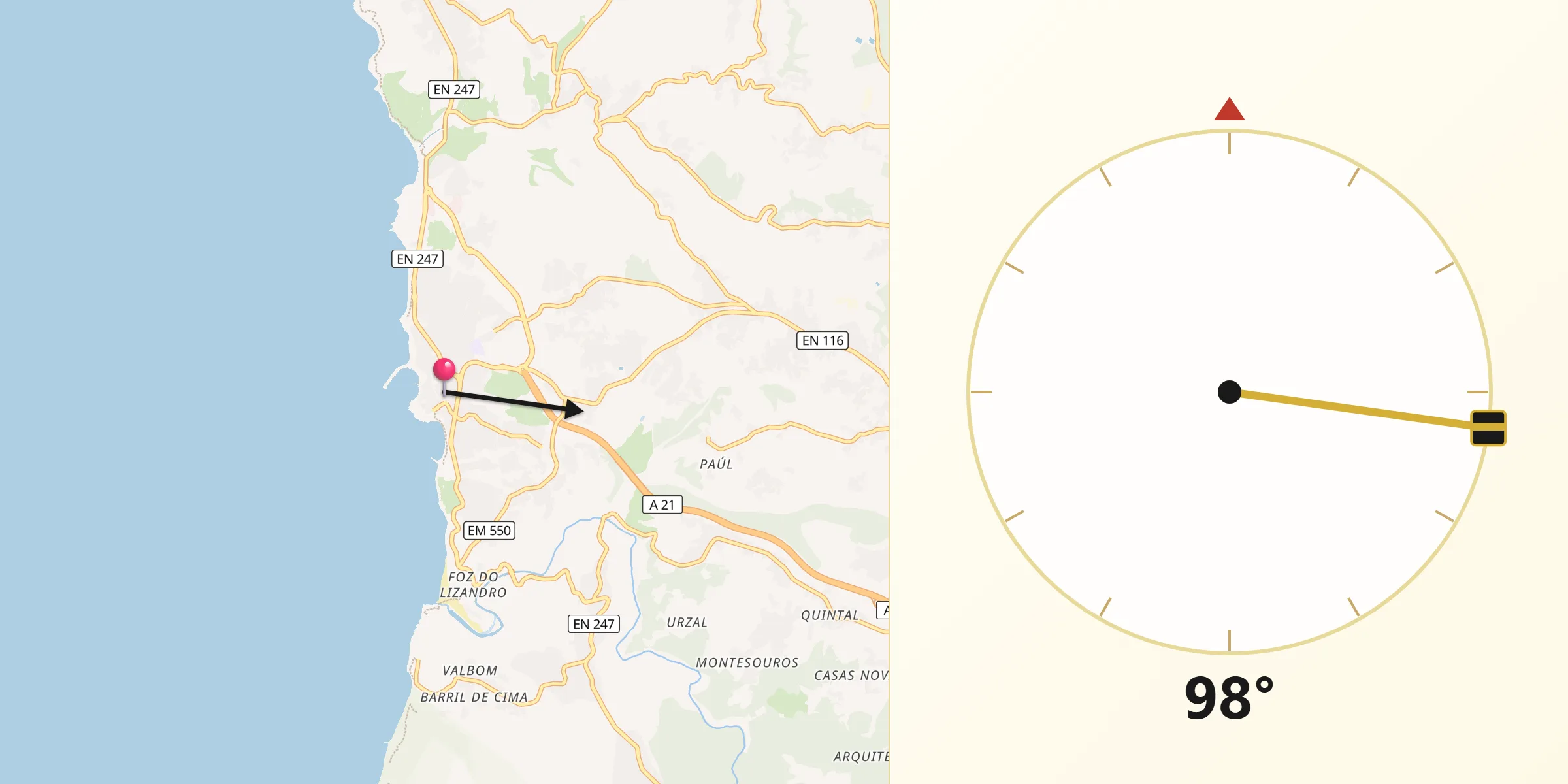 Direção da Qibla a partir de Ericeira