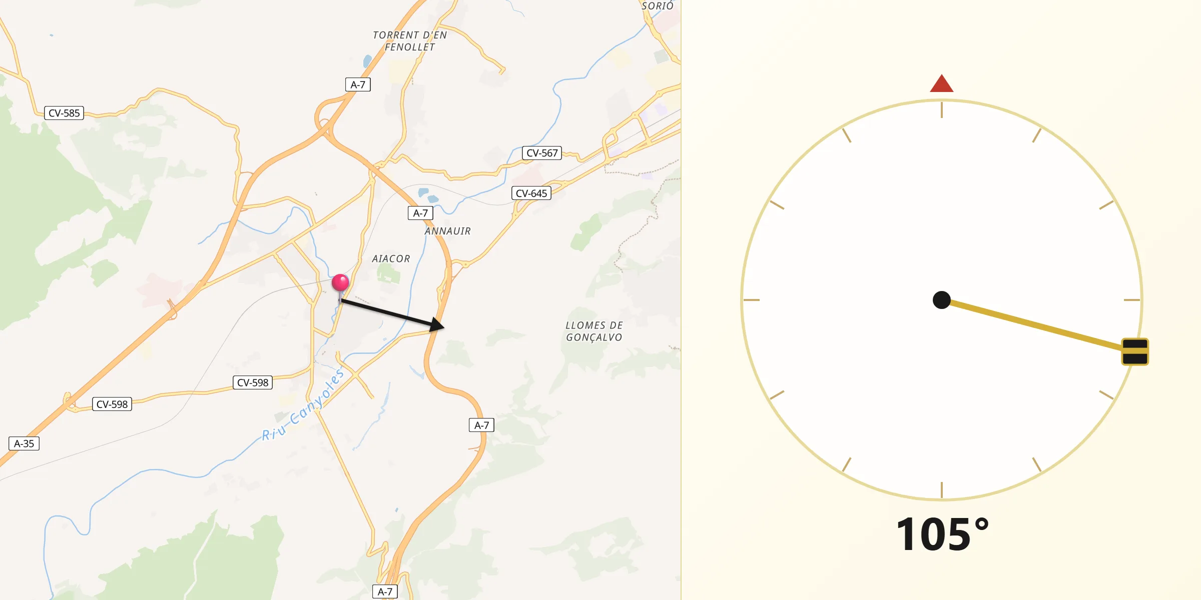 Dirección de la Qibla desde L'Alcúdia de Crespìns