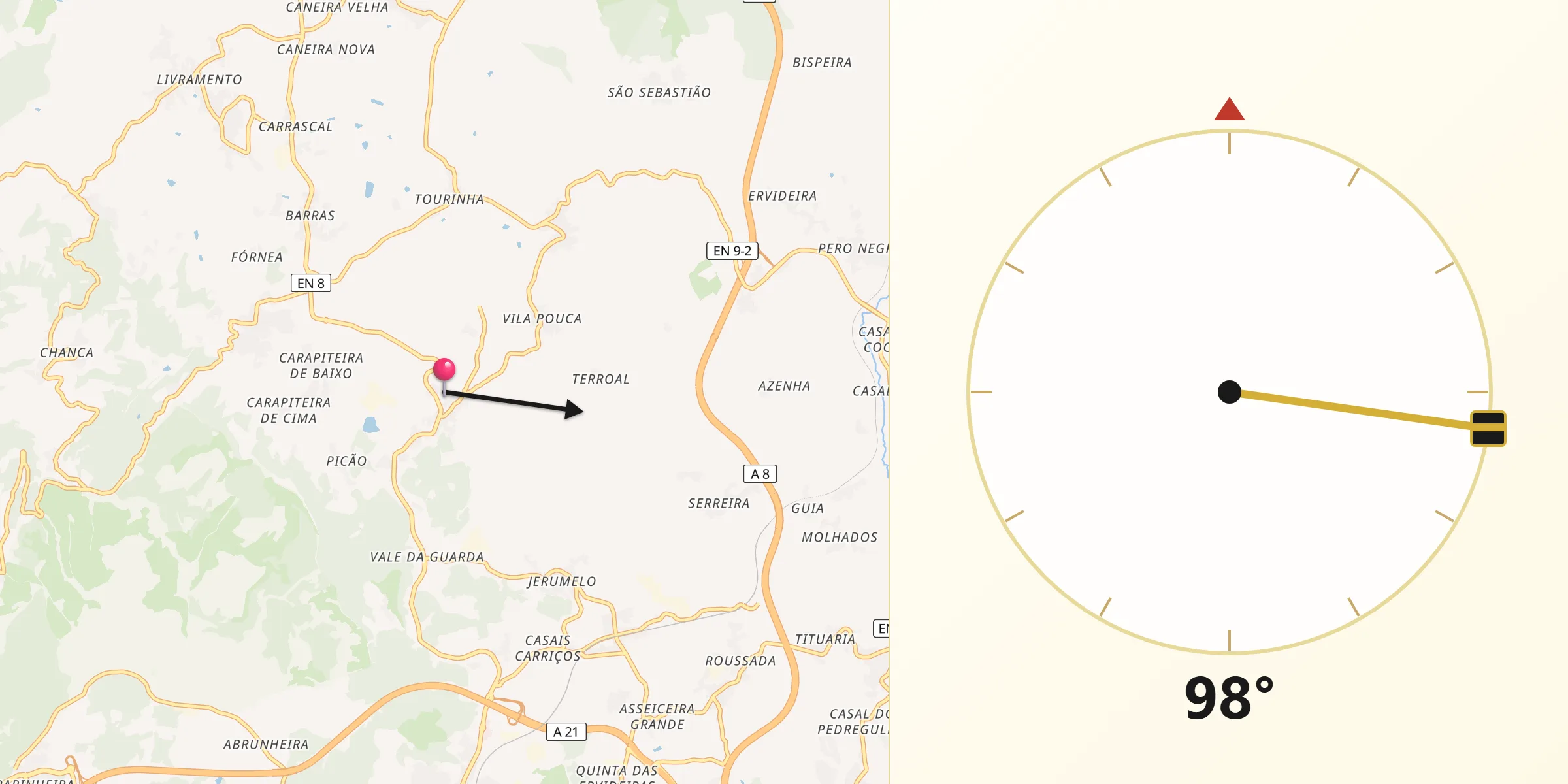 Direção da Qibla a partir de Vila Franca do Rosário