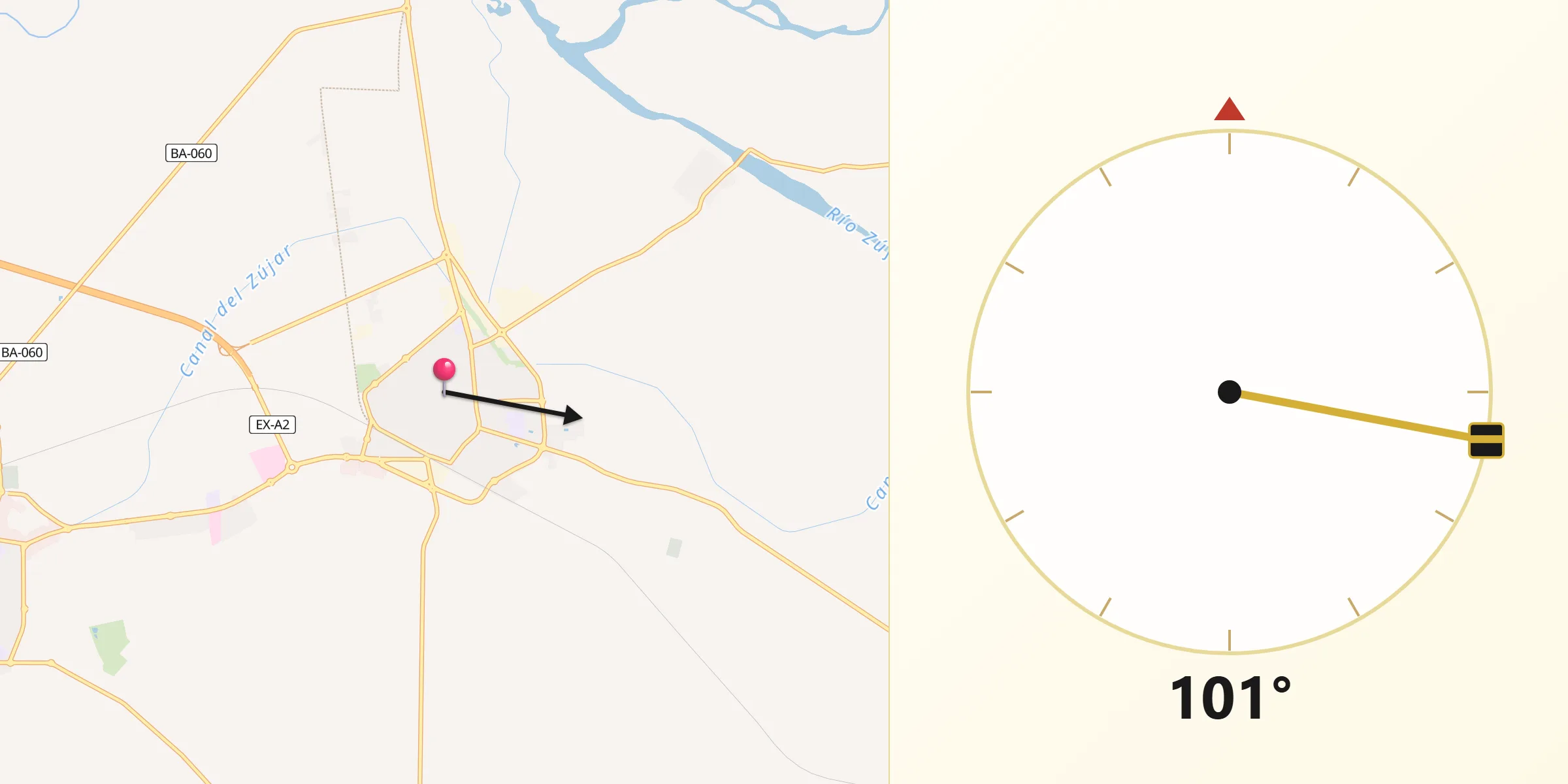 Dirección de la Qibla desde Villanueva de la Serena