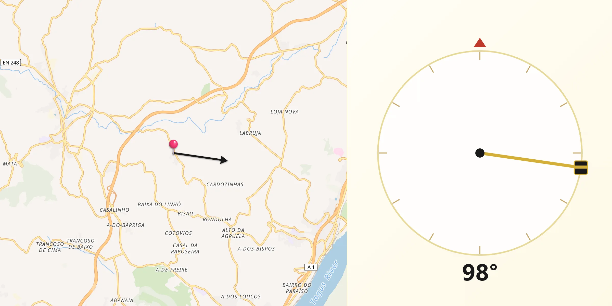 Direção da Qibla a partir de Cardosas