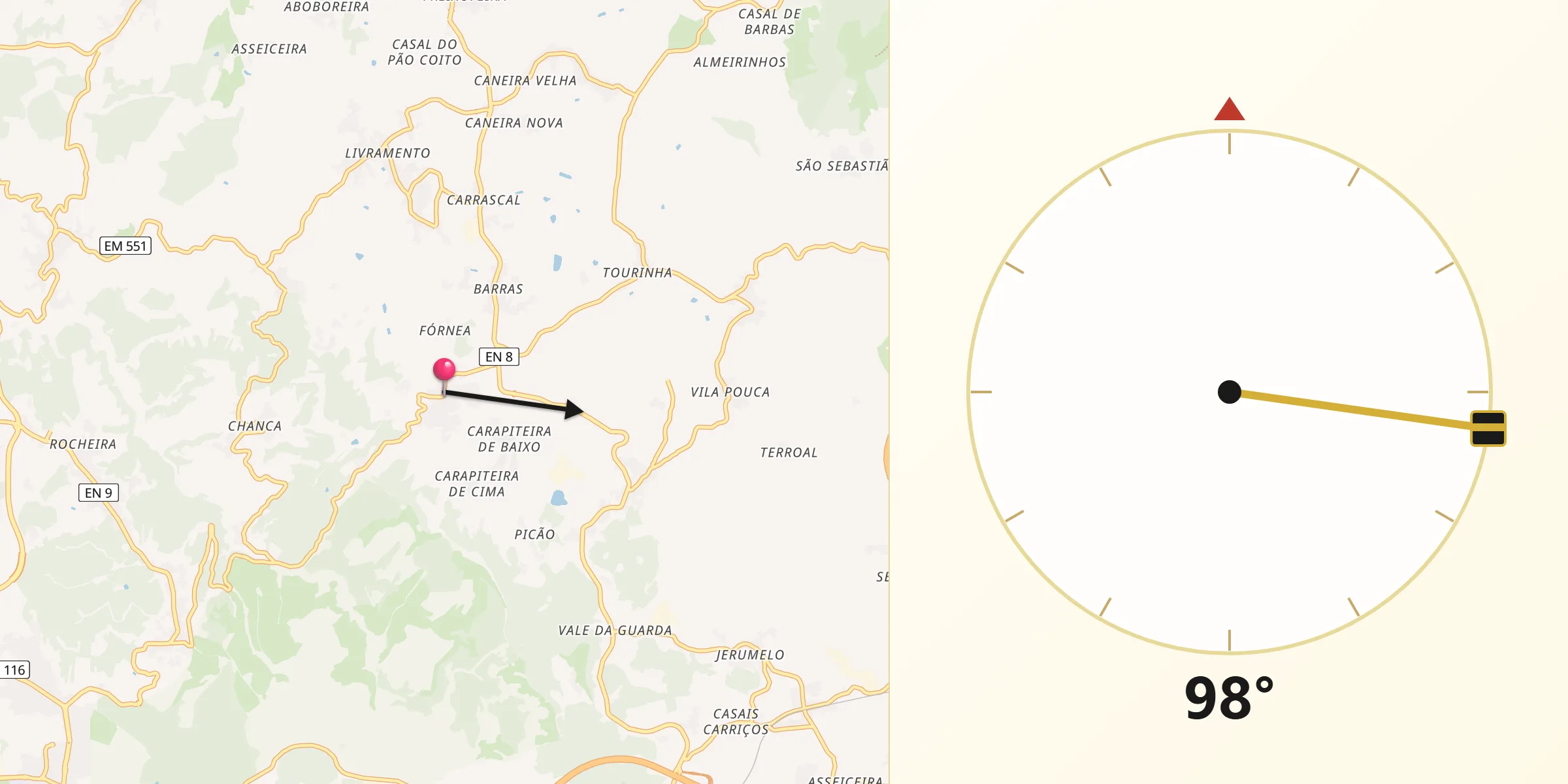 Direção da Qibla a partir de Gradil