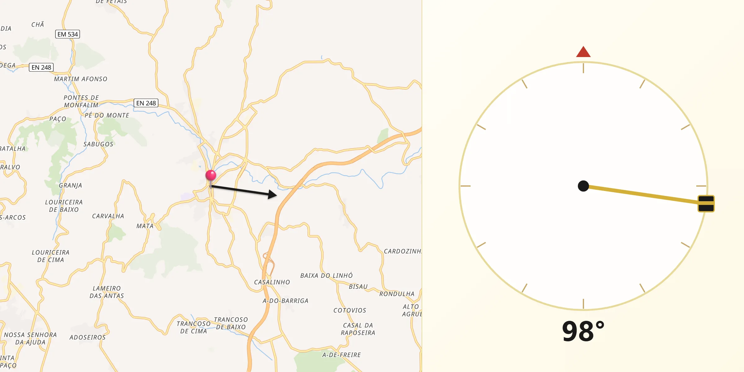 Direção da Qibla a partir de Arruda dos Vinhos