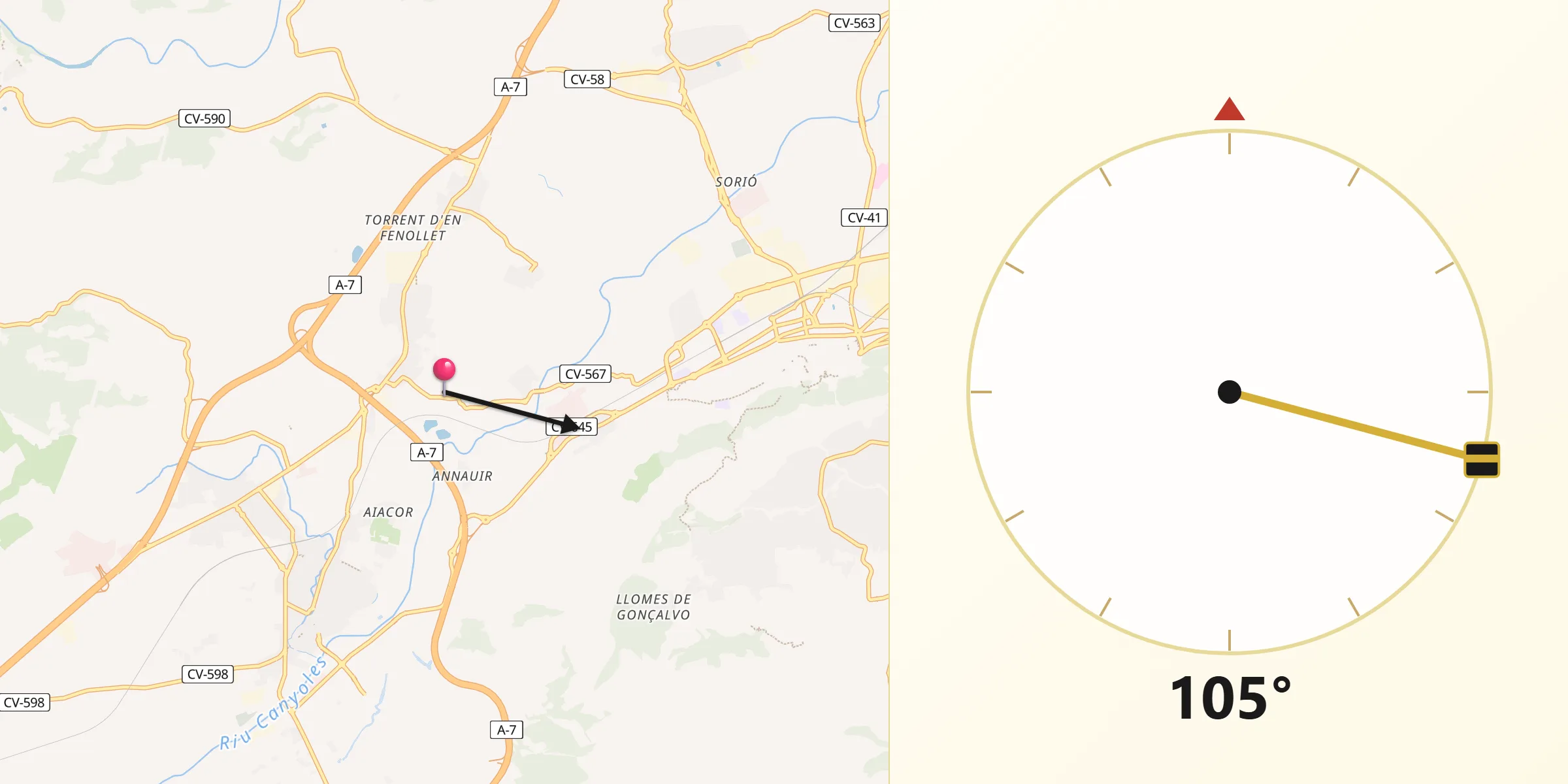 Dirección de la Qibla desde Torrella