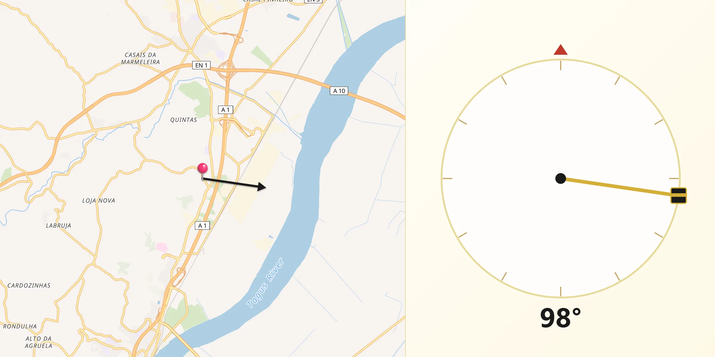 Direção da Qibla a partir de Castanheira do Ribatejo