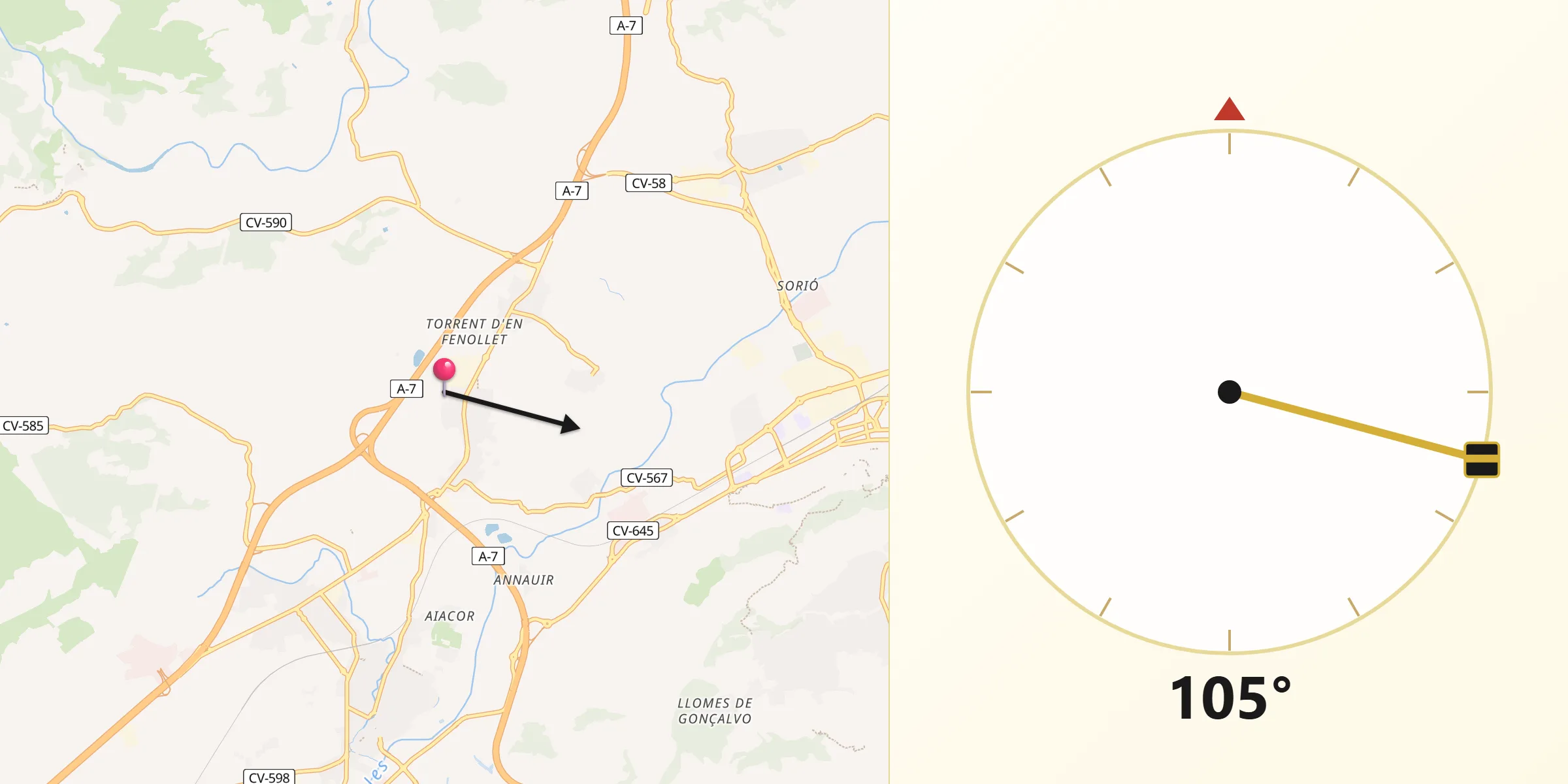 Dirección de la Qibla desde Llanera de Ranes