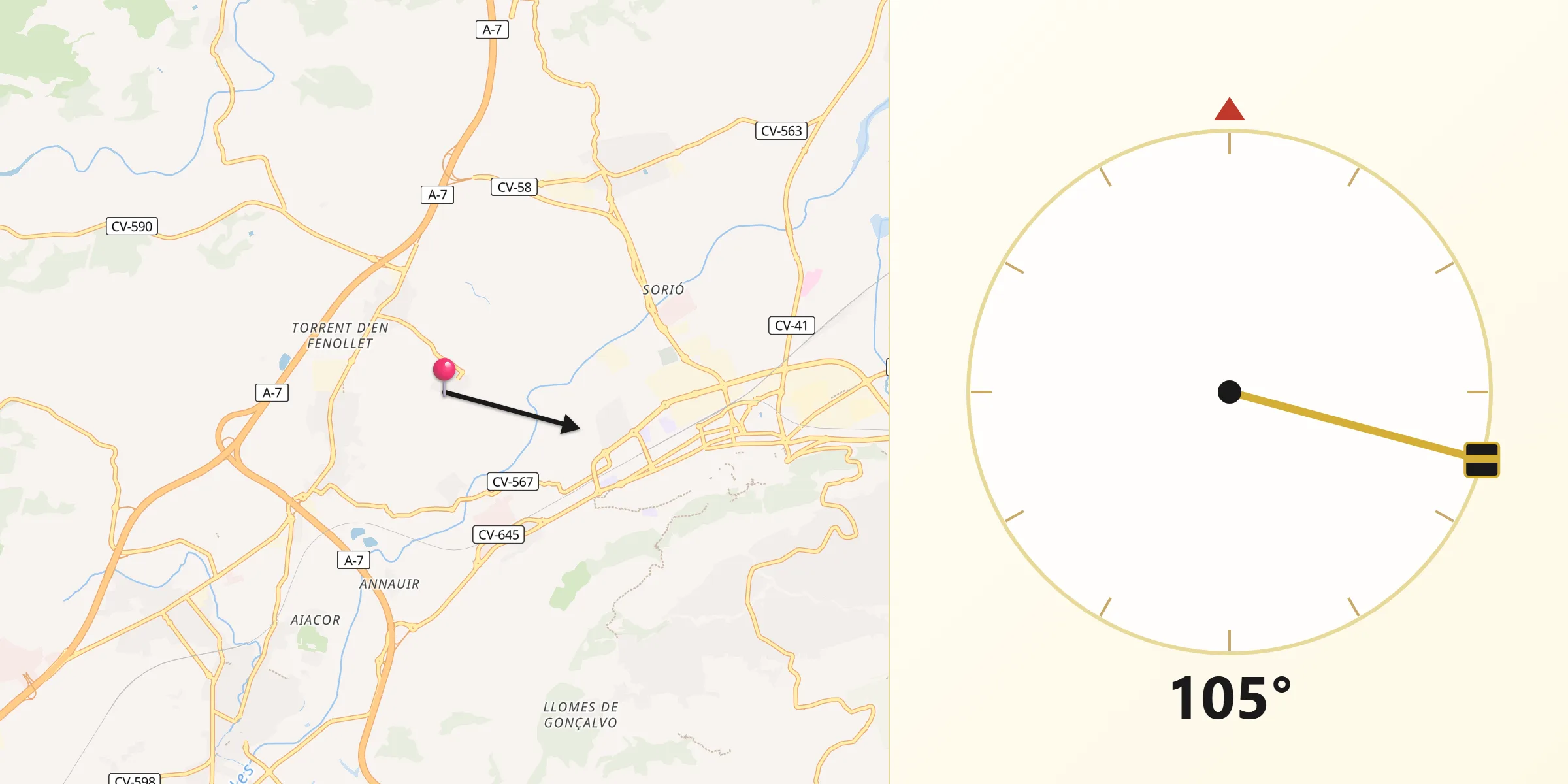 Dirección de la Qibla desde La Granja de la Costera