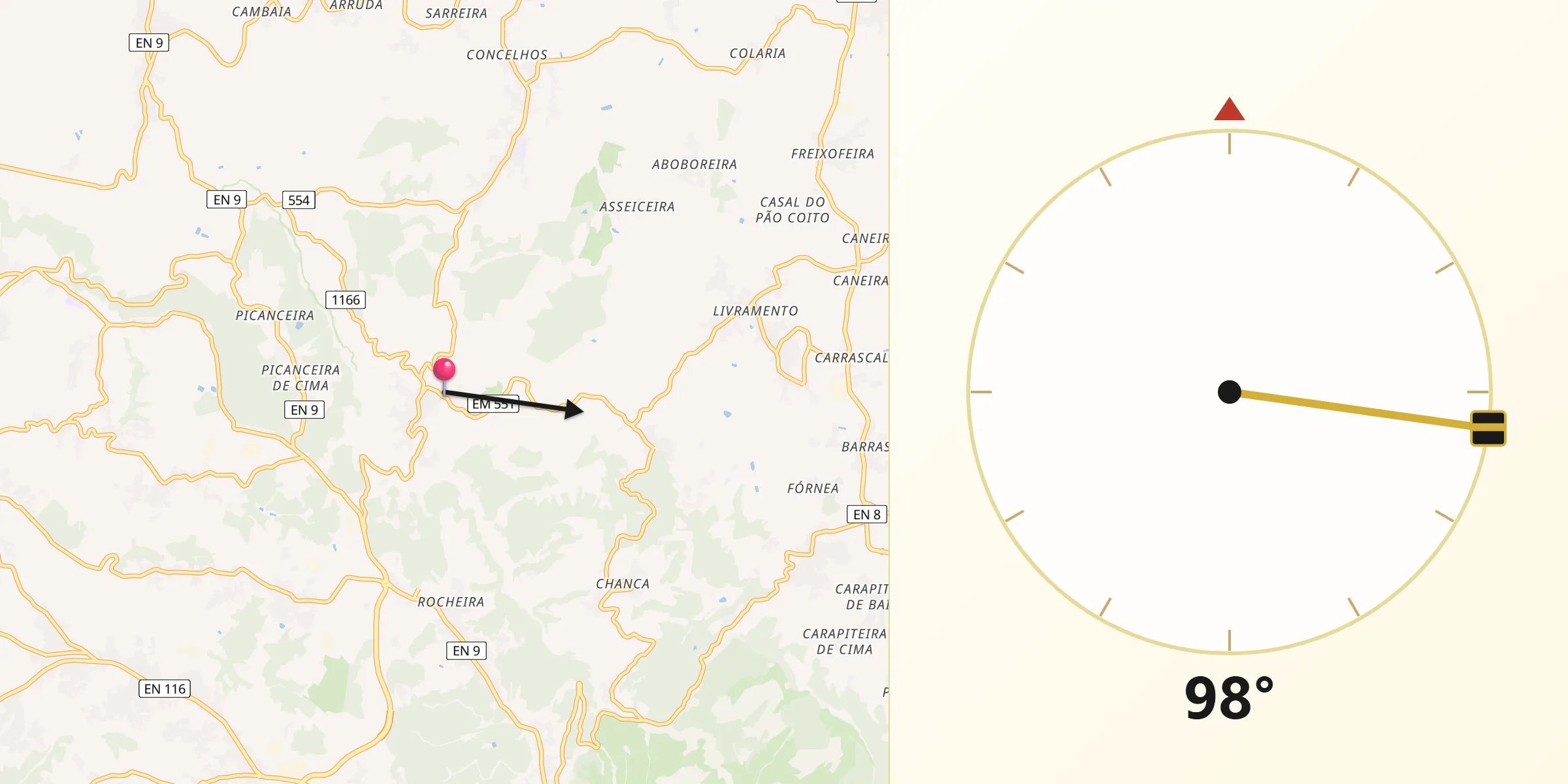Direção da Qibla a partir de Sobral da Abelheira