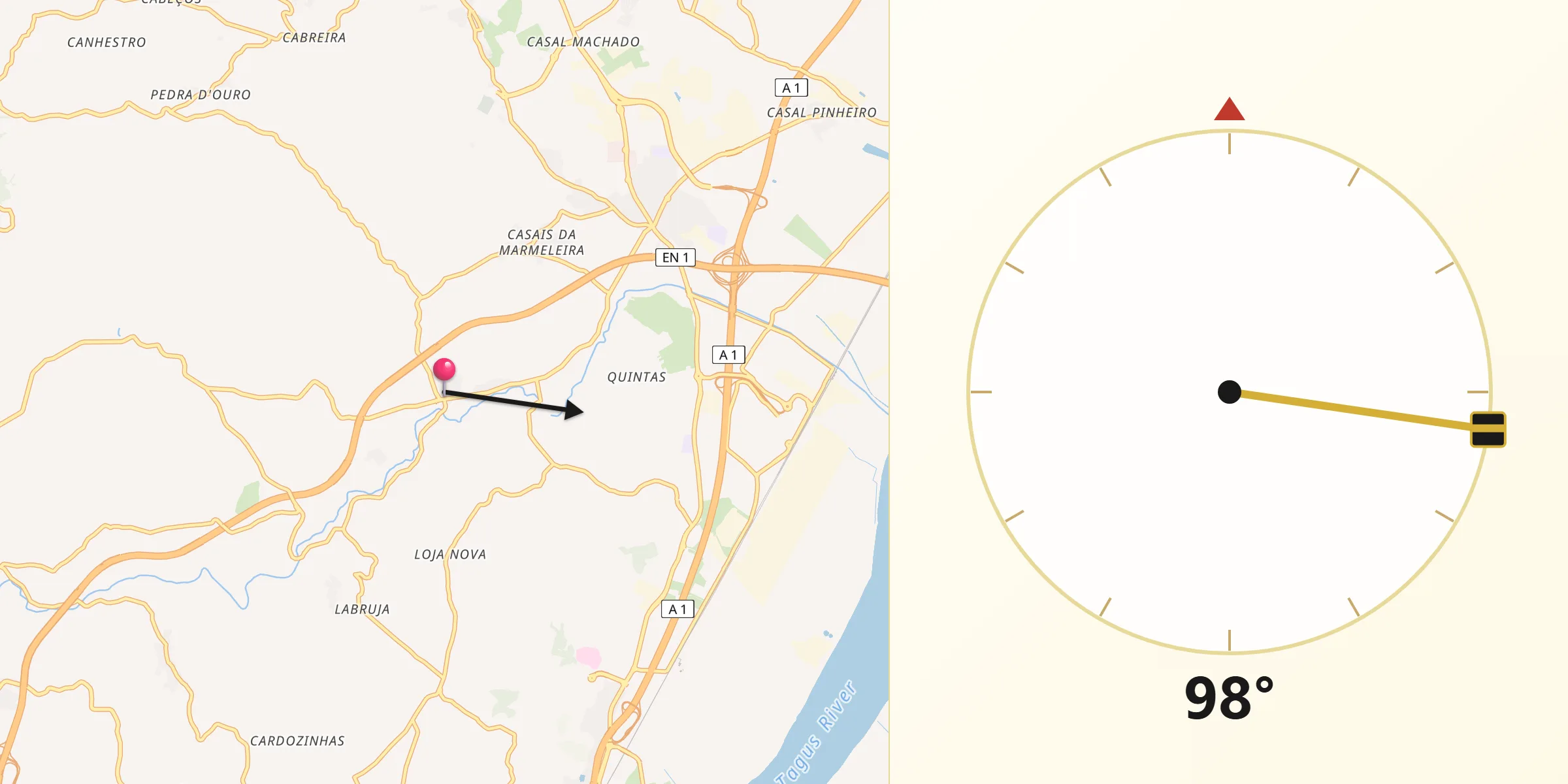 Direção da Qibla a partir de Cadafais