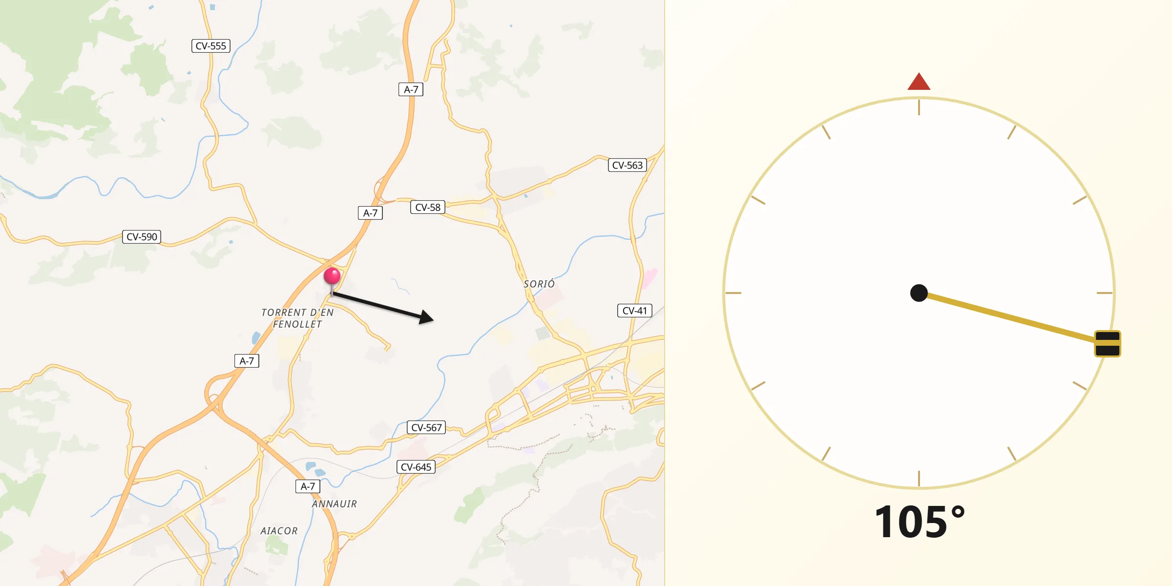 Dirección de la Qibla desde Rotglà i Corberà