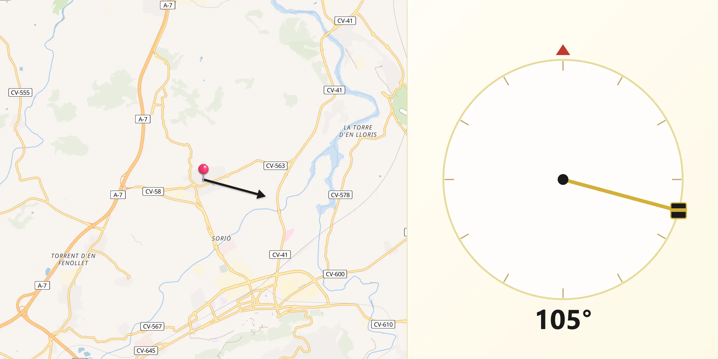 Dirección de la Qibla desde La Llosa de Ranes