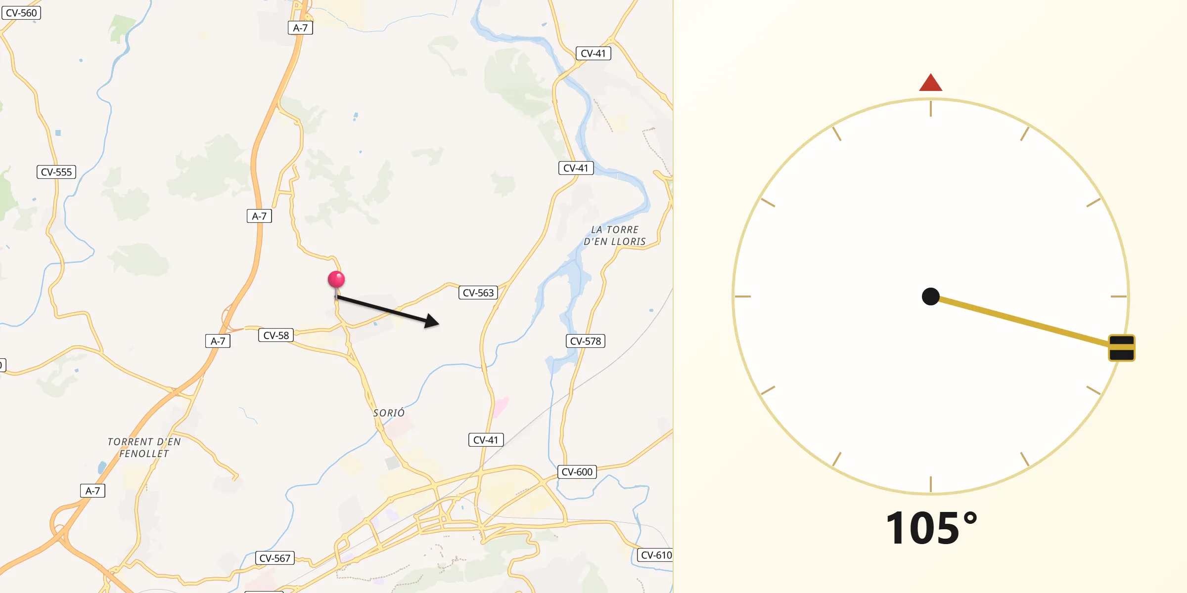 Dirección de la Qibla desde Llosa de Ranes