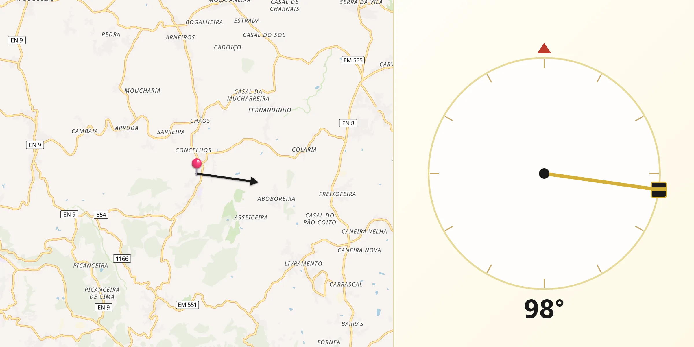 Direção da Qibla a partir de Freiria