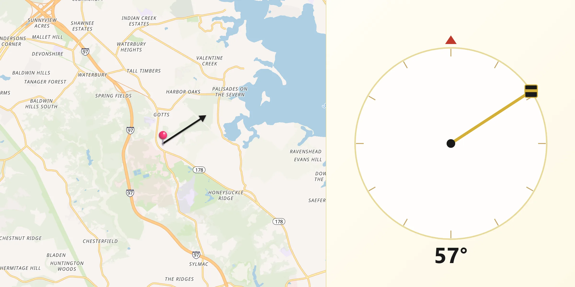 Qibla Direction from Crownsville