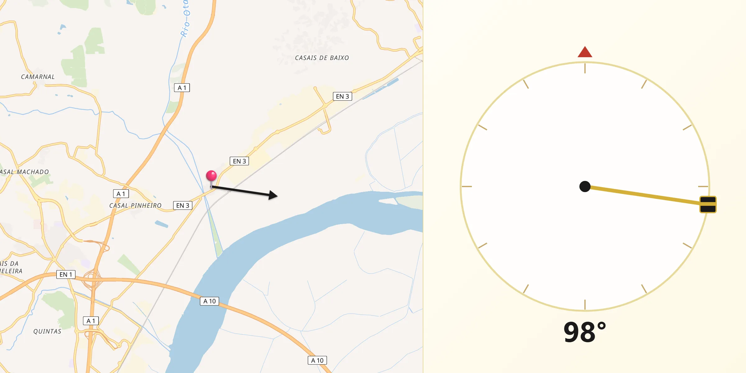 Direção da Qibla a partir de Vila Nova da Rainha