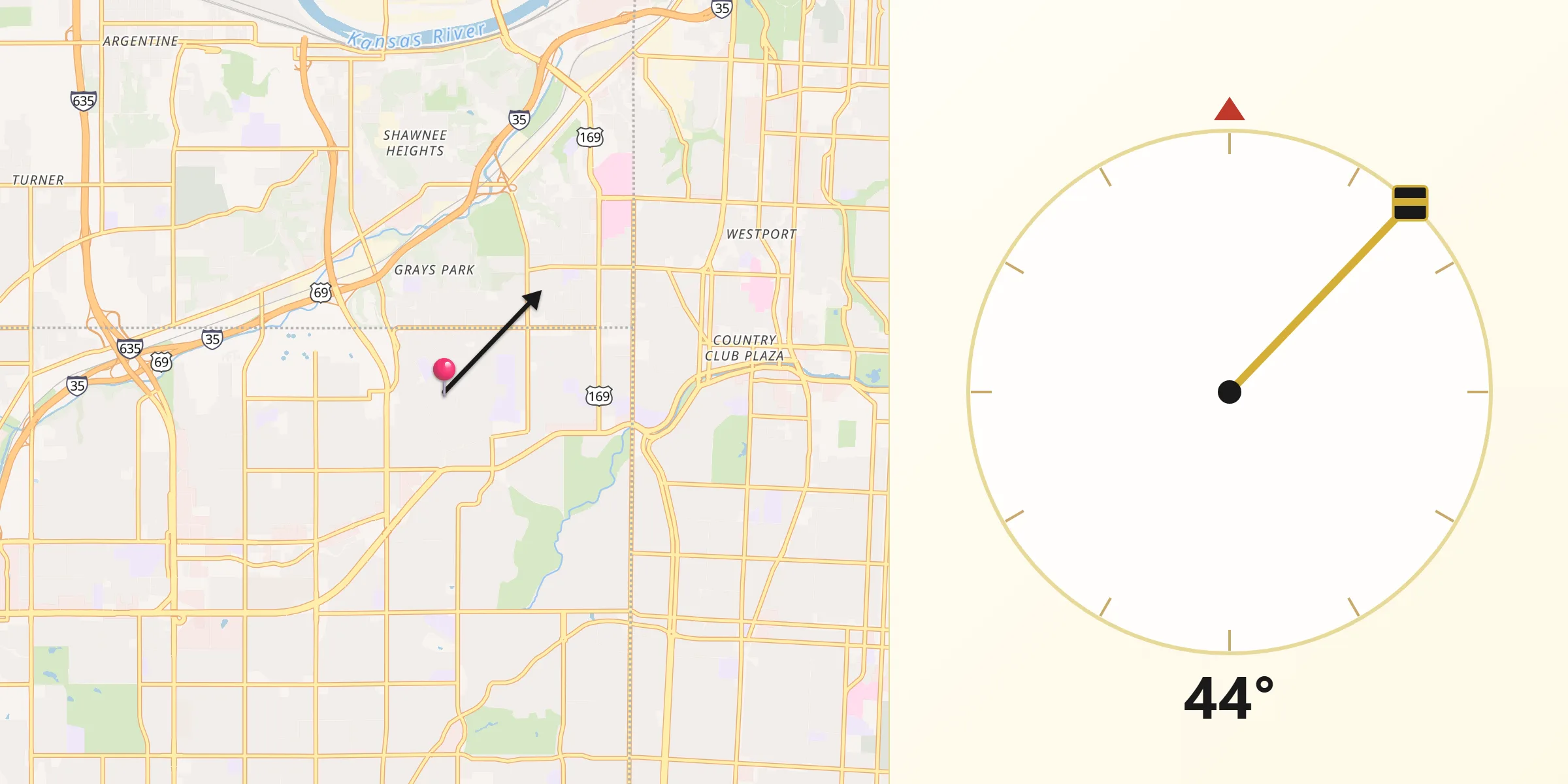 Qibla Direction from Roeland Park