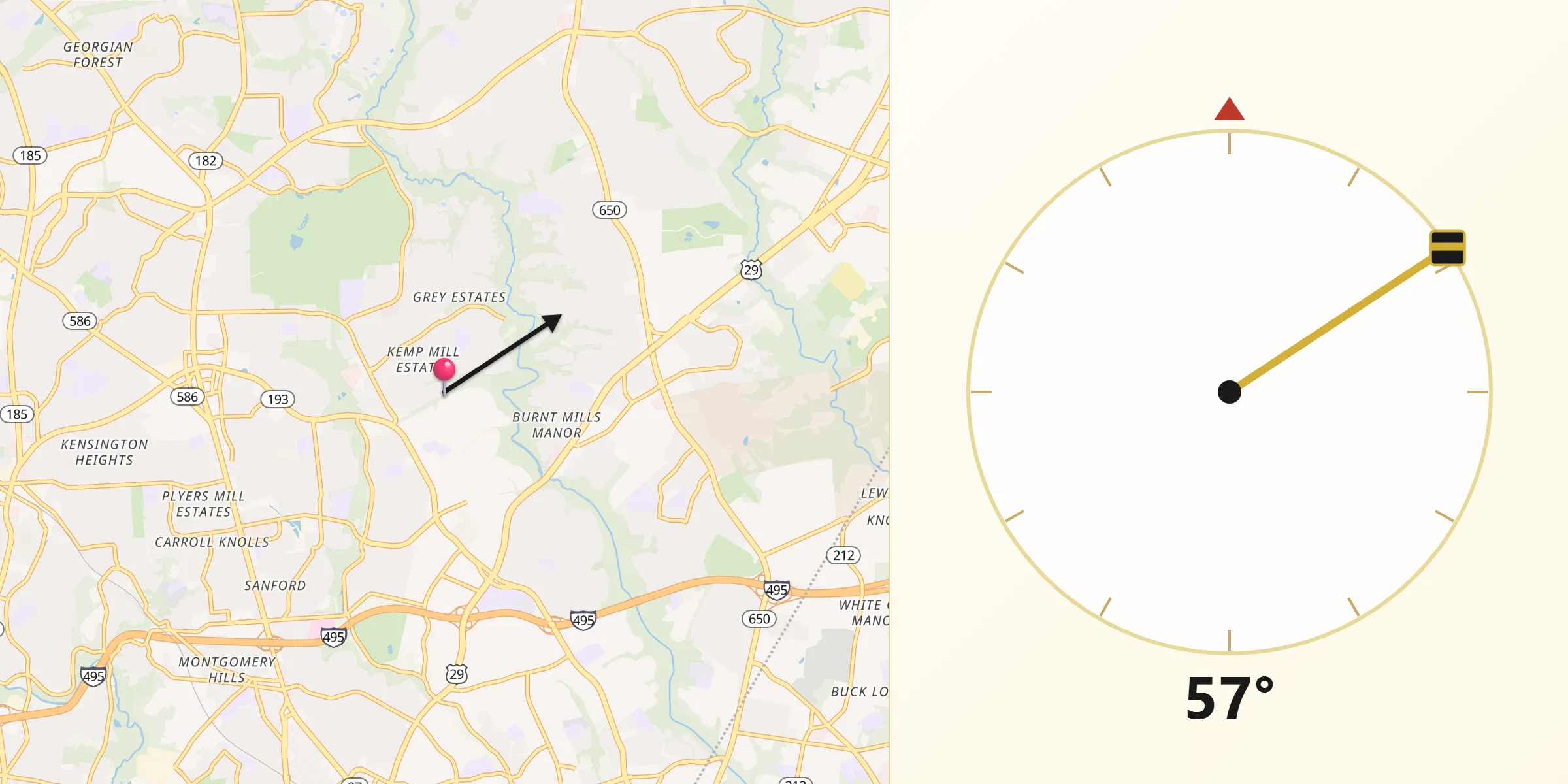 Qibla Direction from Kemp Mill
