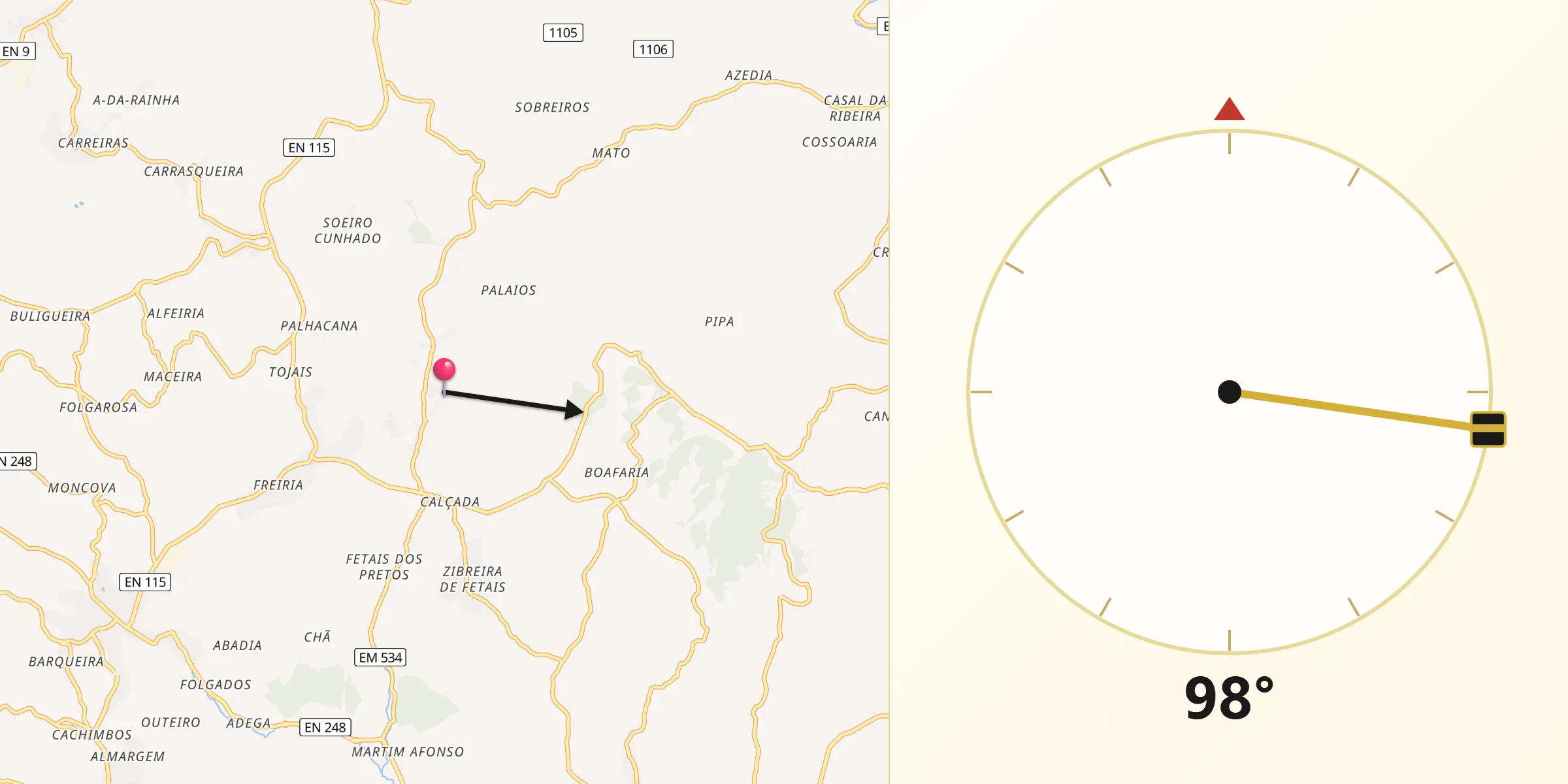 Direção da Qibla a partir de Pereiro de Palhacana