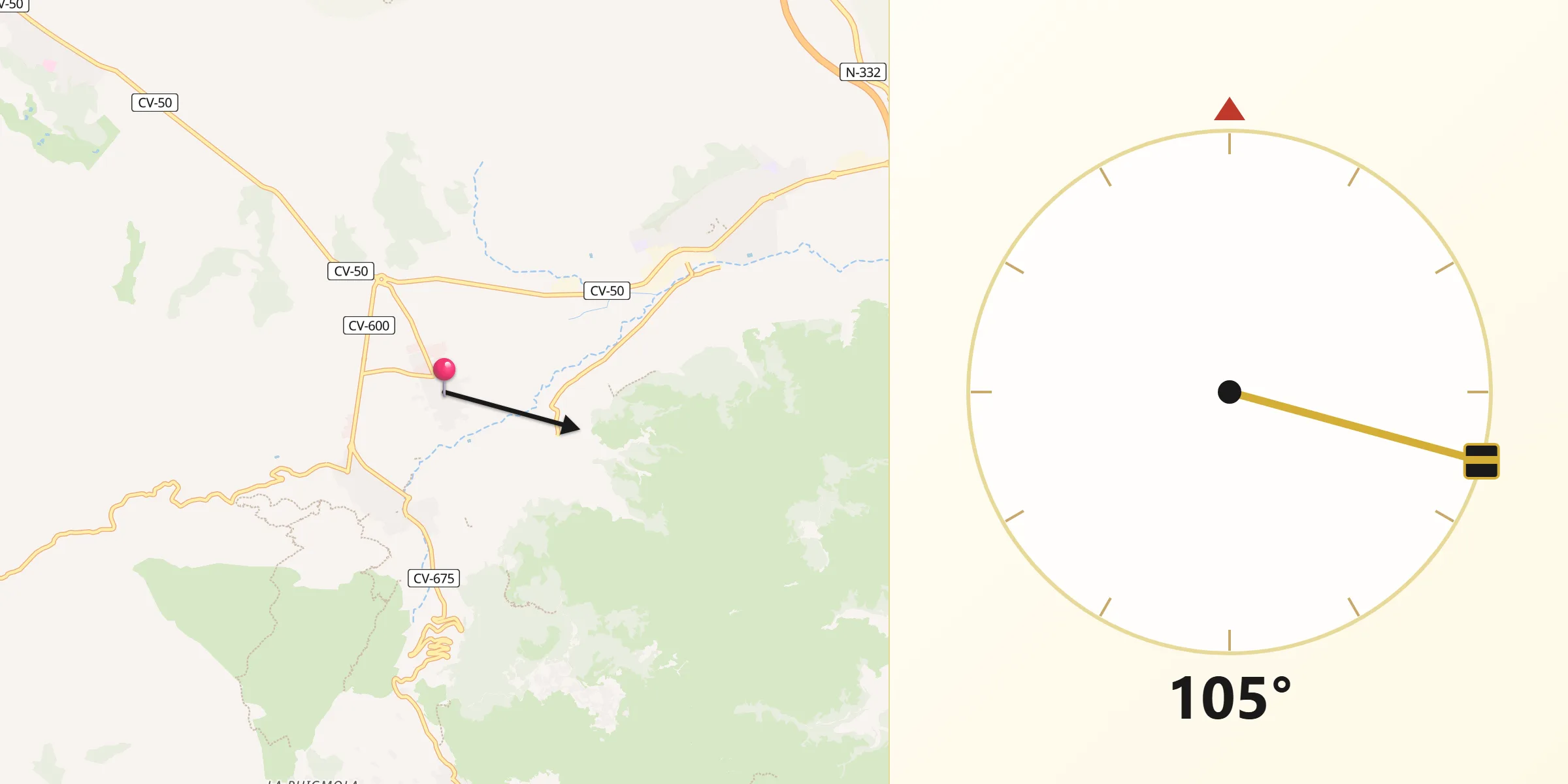 Dirección de la Qibla desde Benifairó de la Valldigna