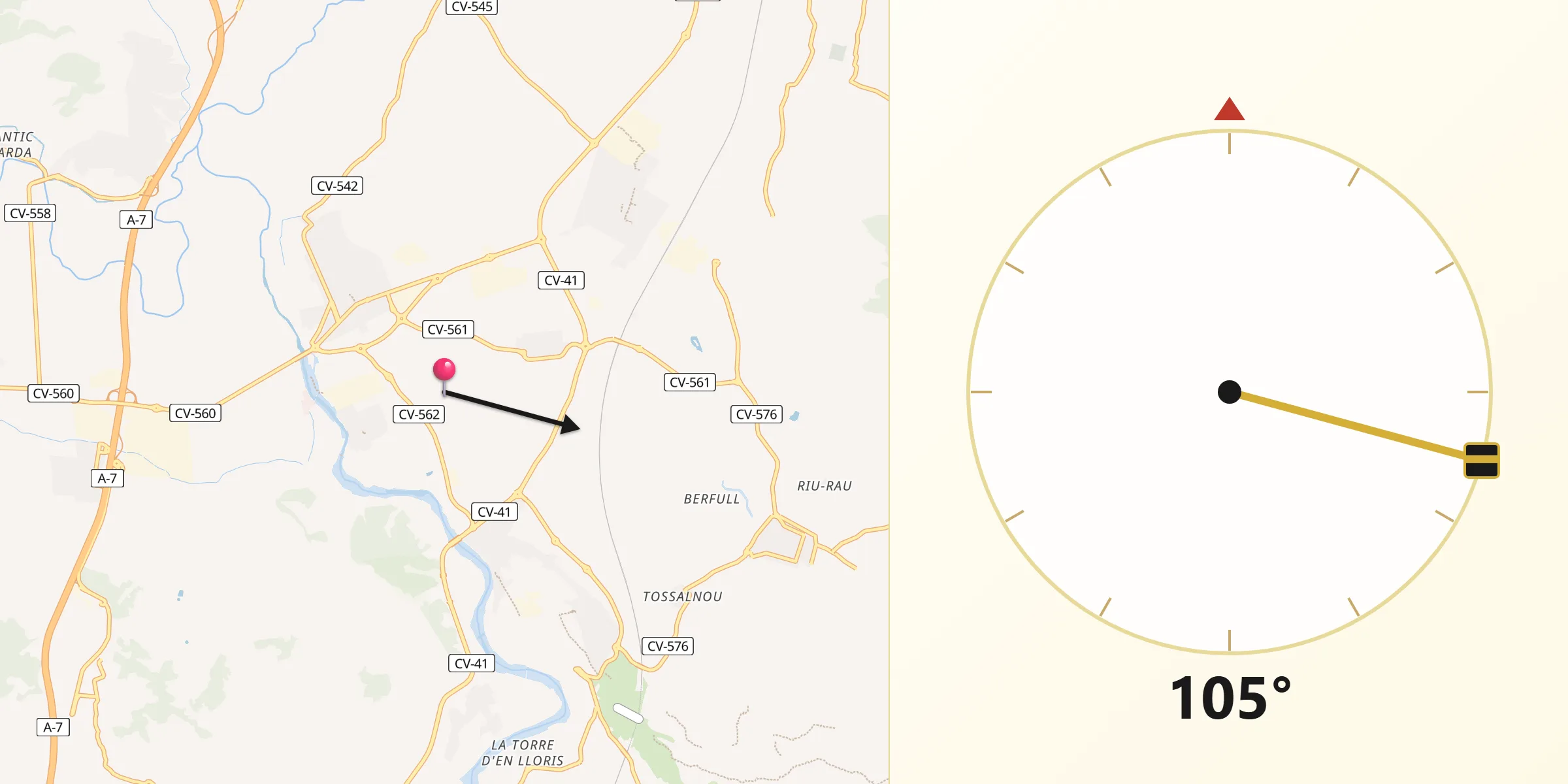 Dirección de la Qibla desde Senyera