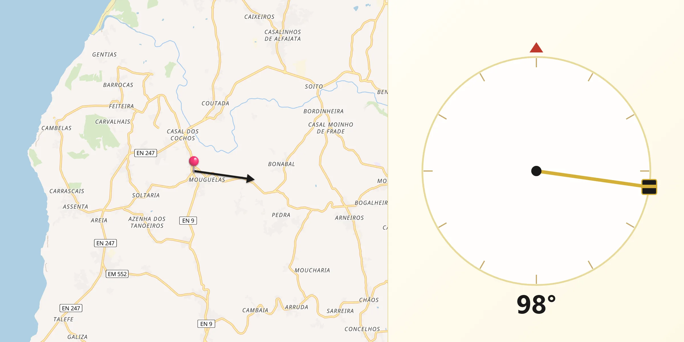Direção da Qibla a partir de São Pedro da Cadeira