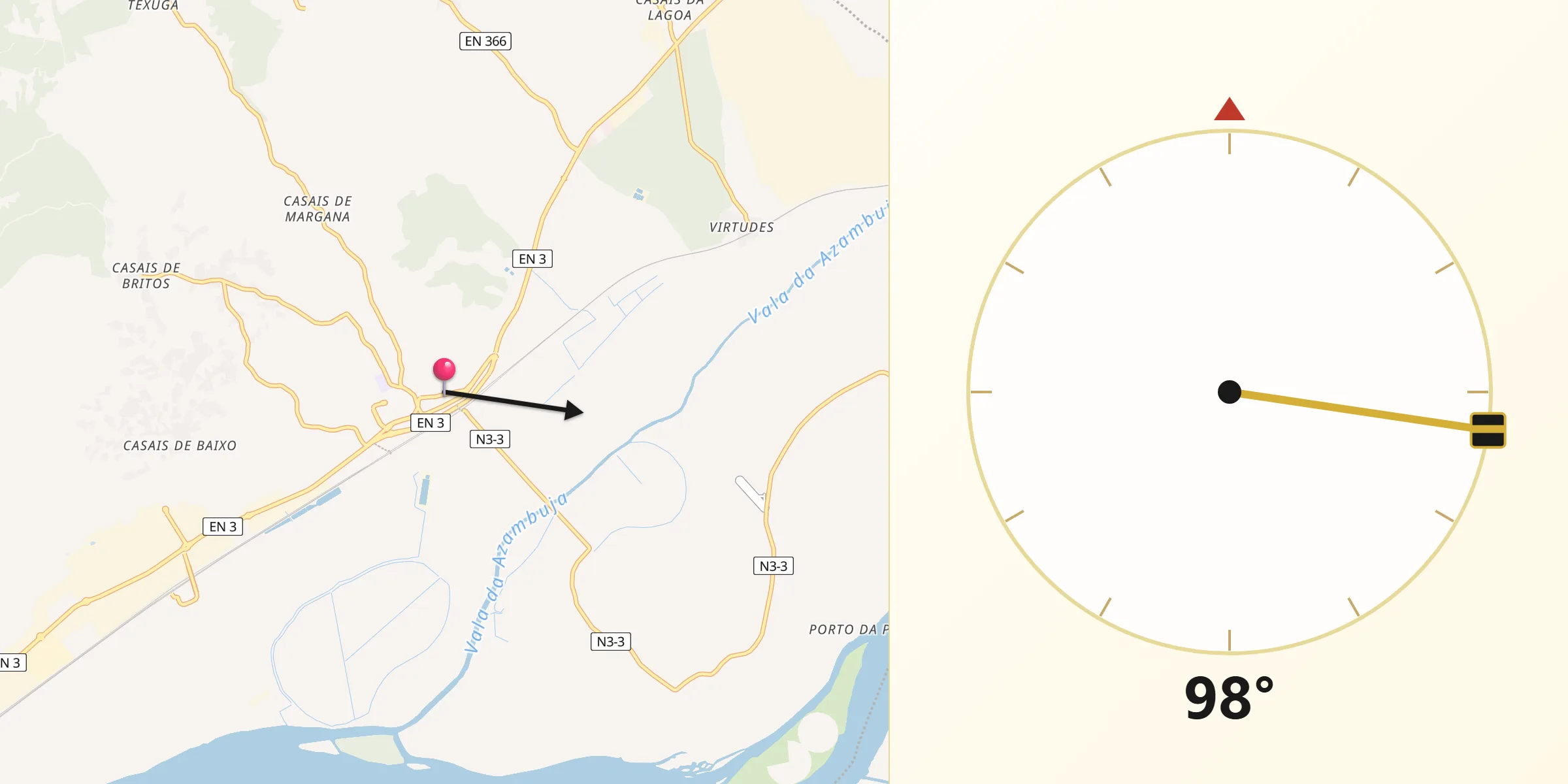 Direção da Qibla a partir de Azambuja (town)
