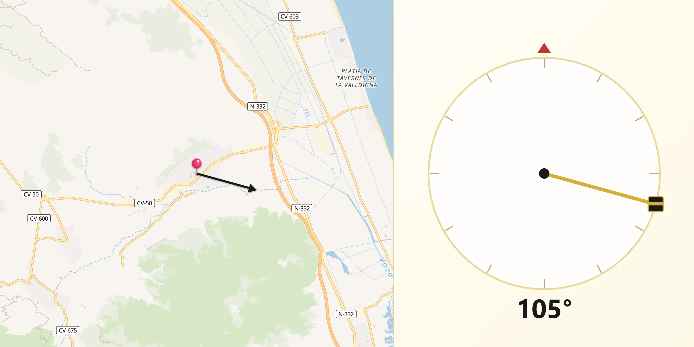 Dirección de la Qibla desde Tavernes de la Valldigna