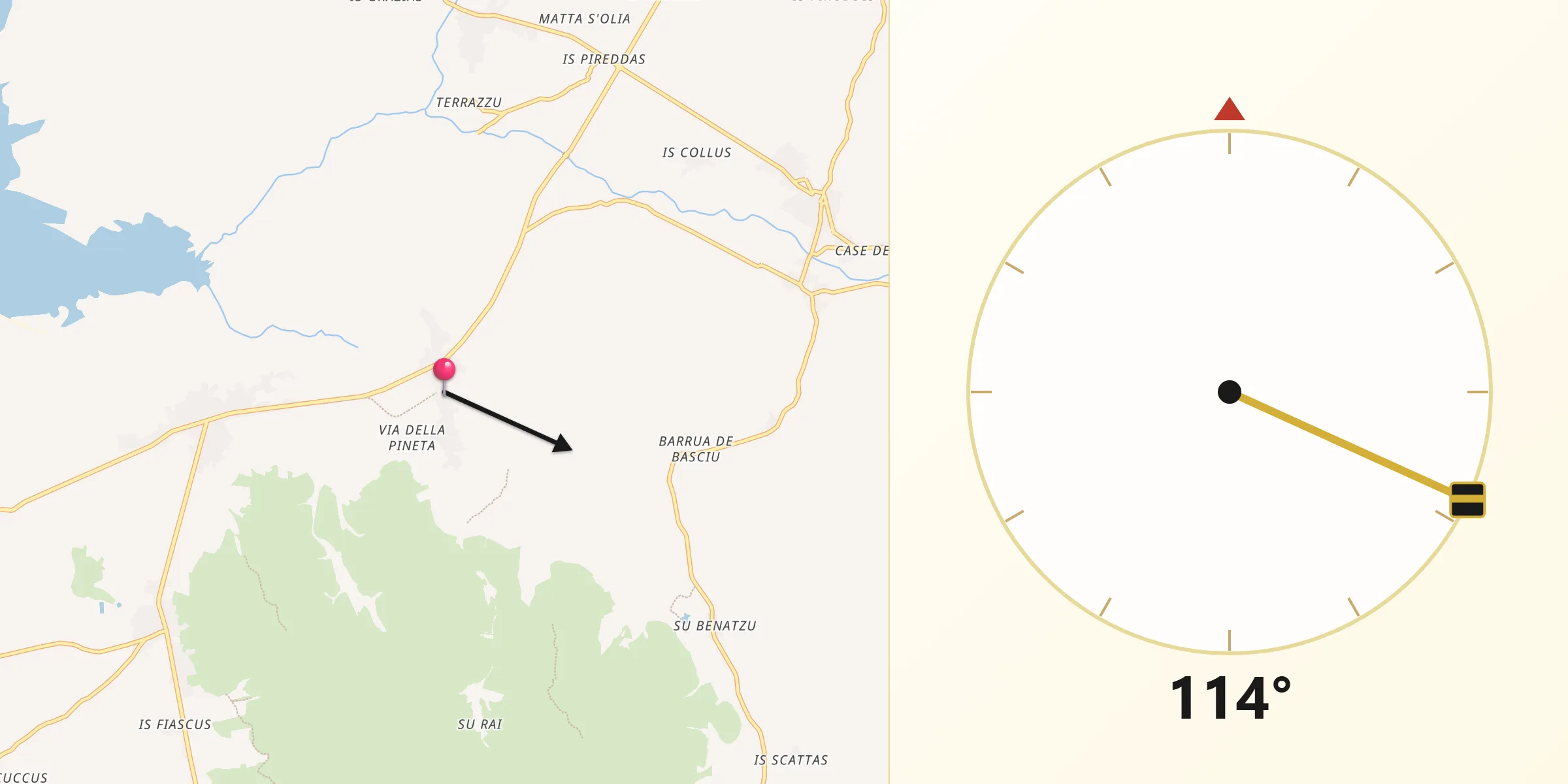 Direzione della Qibla da Piscinas