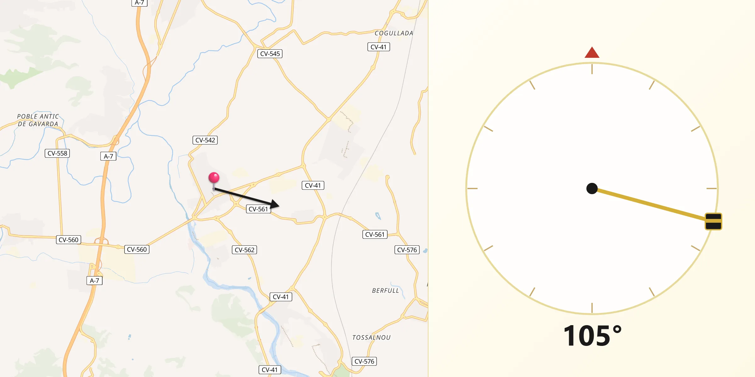 Dirección de la Qibla desde Villanueva de Castellón