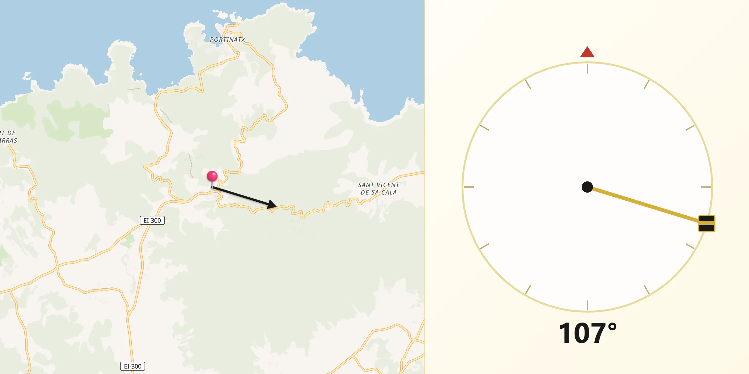Dirección de la Qibla desde Sant Joan de Labritja