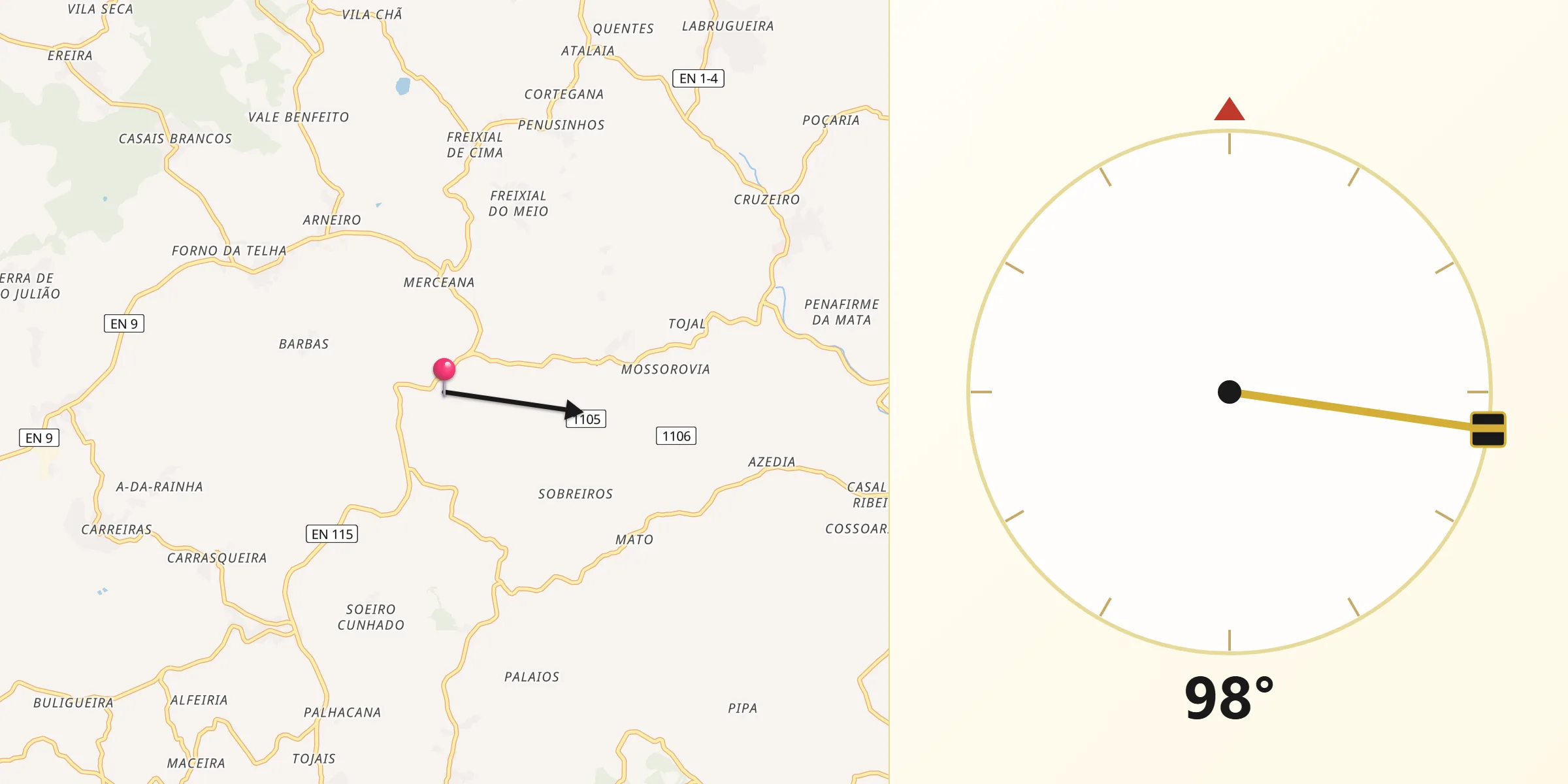 Direção da Qibla a partir de Aldeia Galega da Merceana