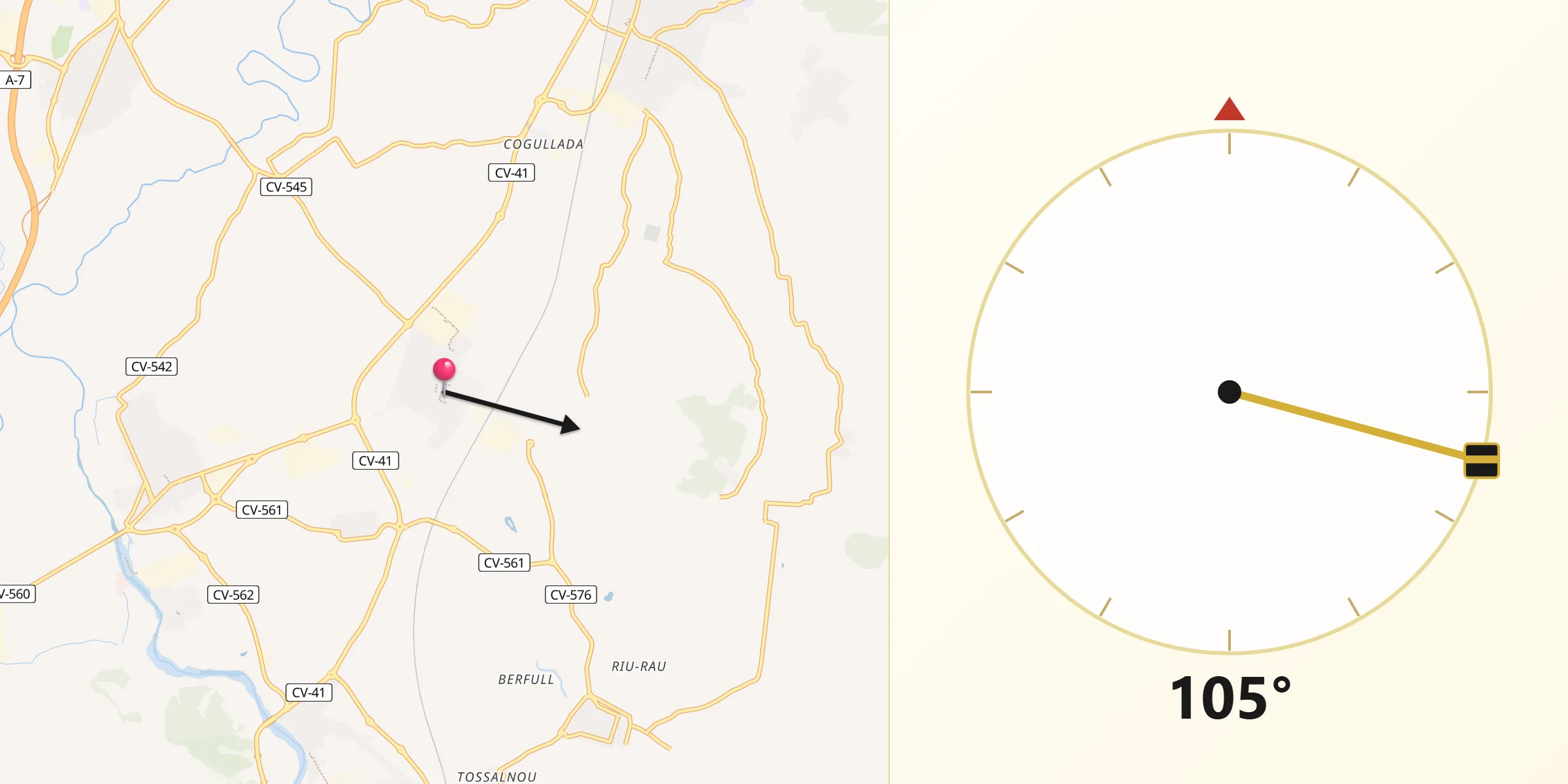 Dirección de la Qibla desde La Pobla Llarga