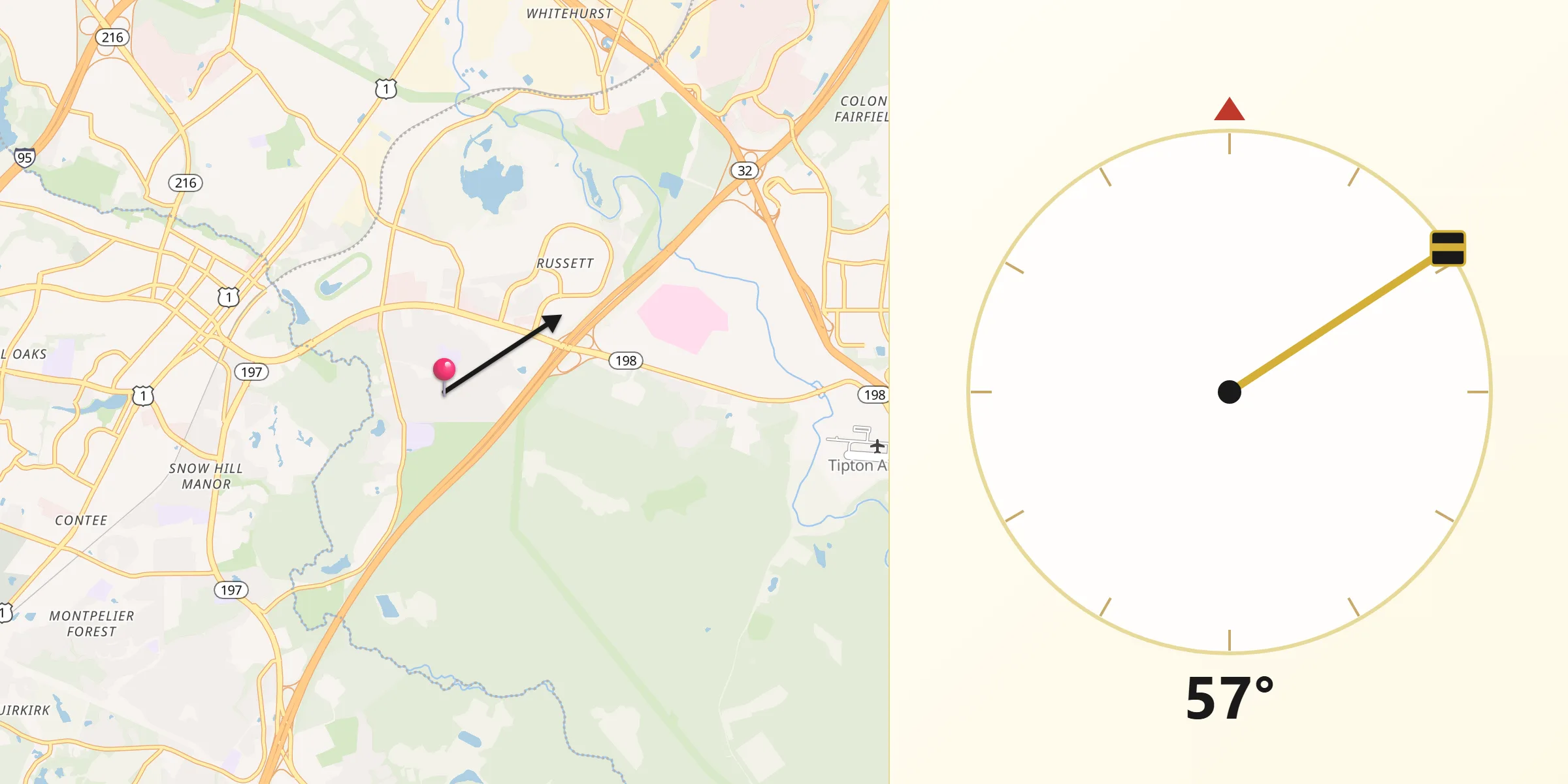 Qibla Direction from Maryland City