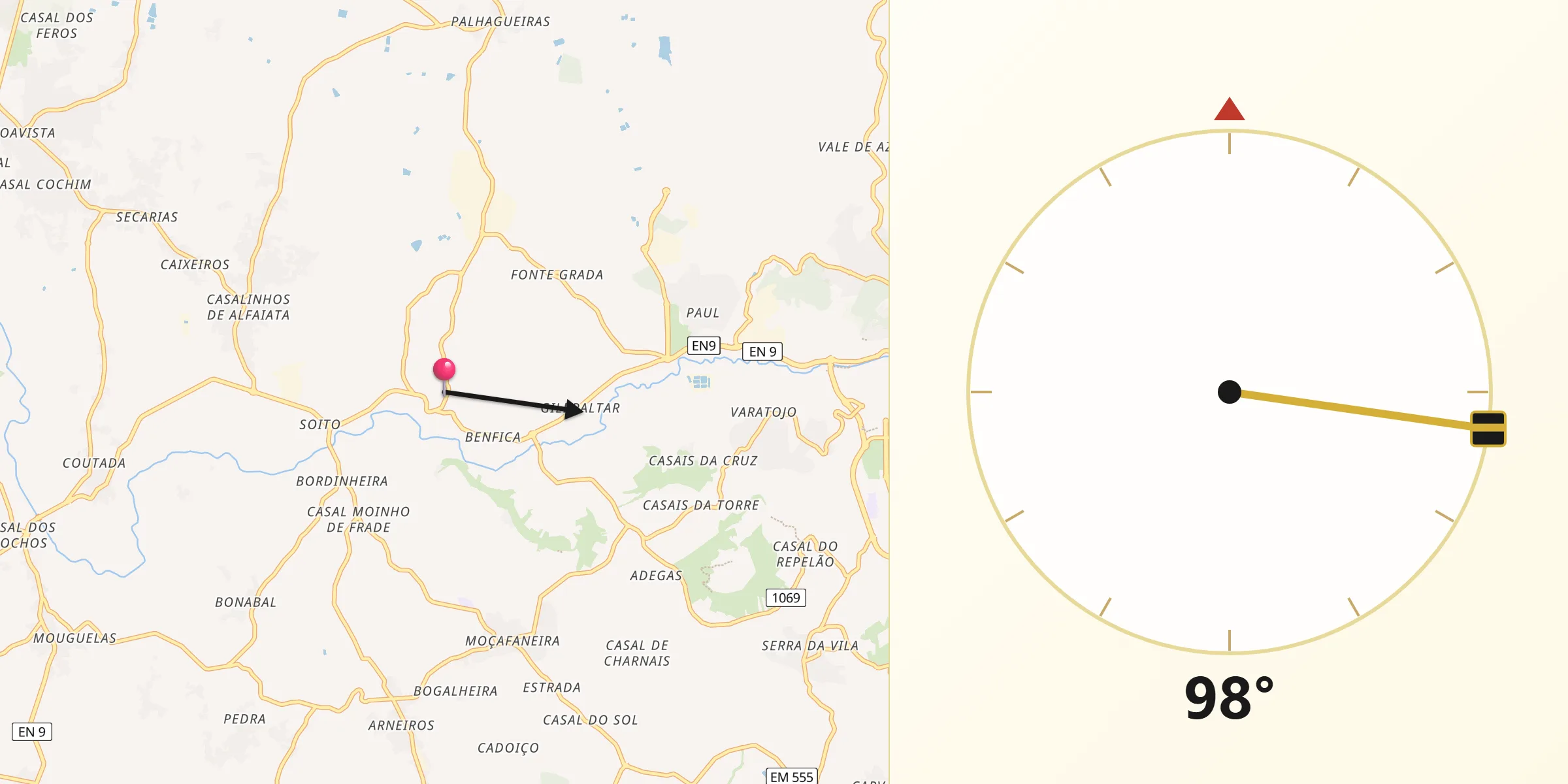 Direção da Qibla a partir de Ponte do Rol