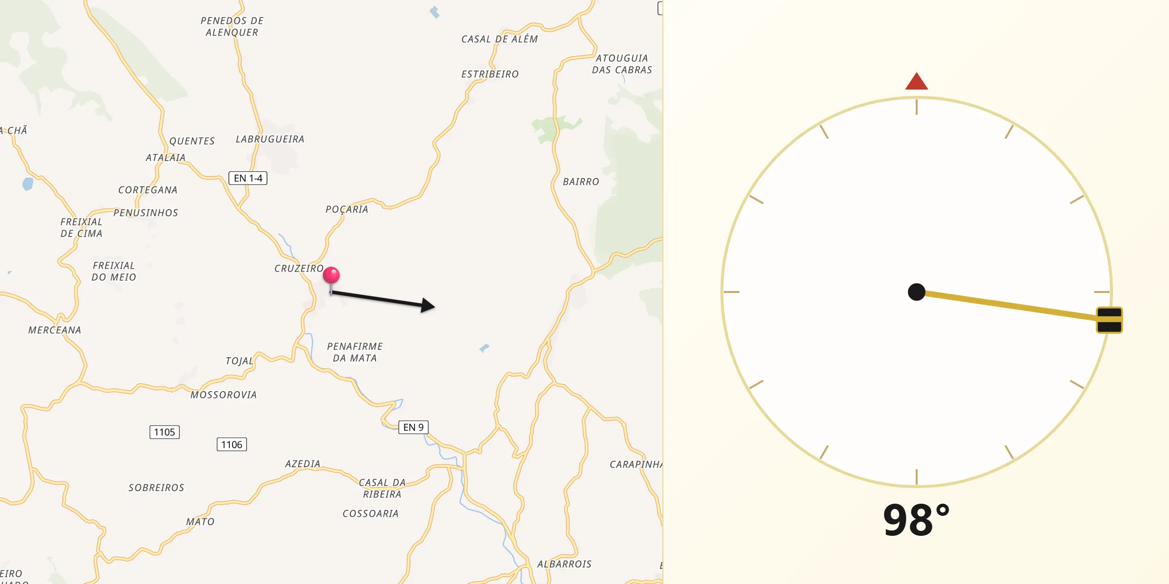 Direção da Qibla a partir de Olhalvo