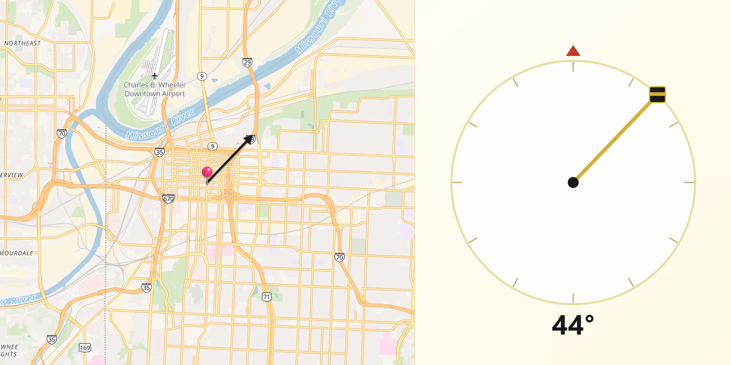 Dirección de la Qibla desde Kansas City