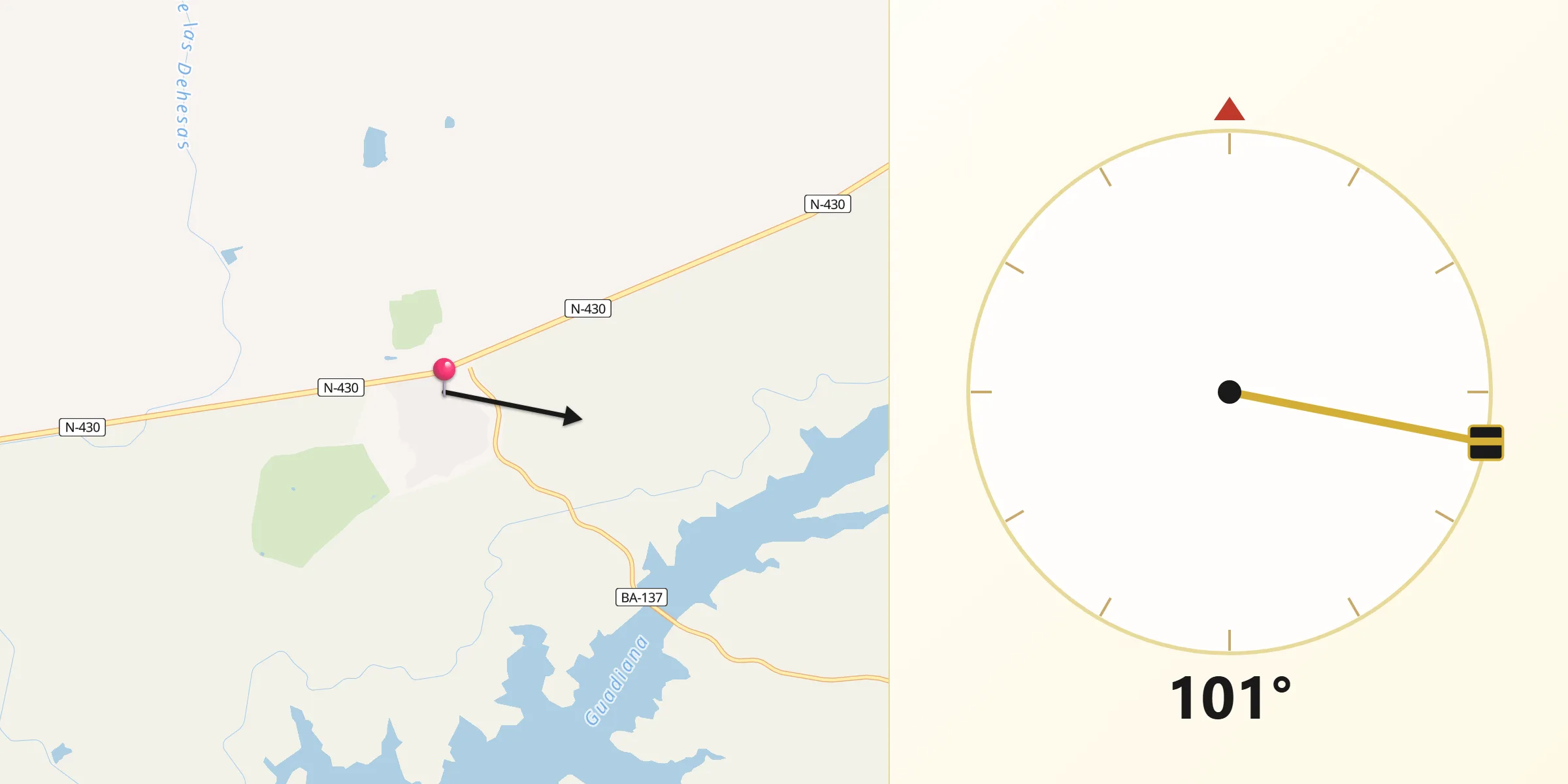 Dirección de la Qibla desde Casas de Don Pedro