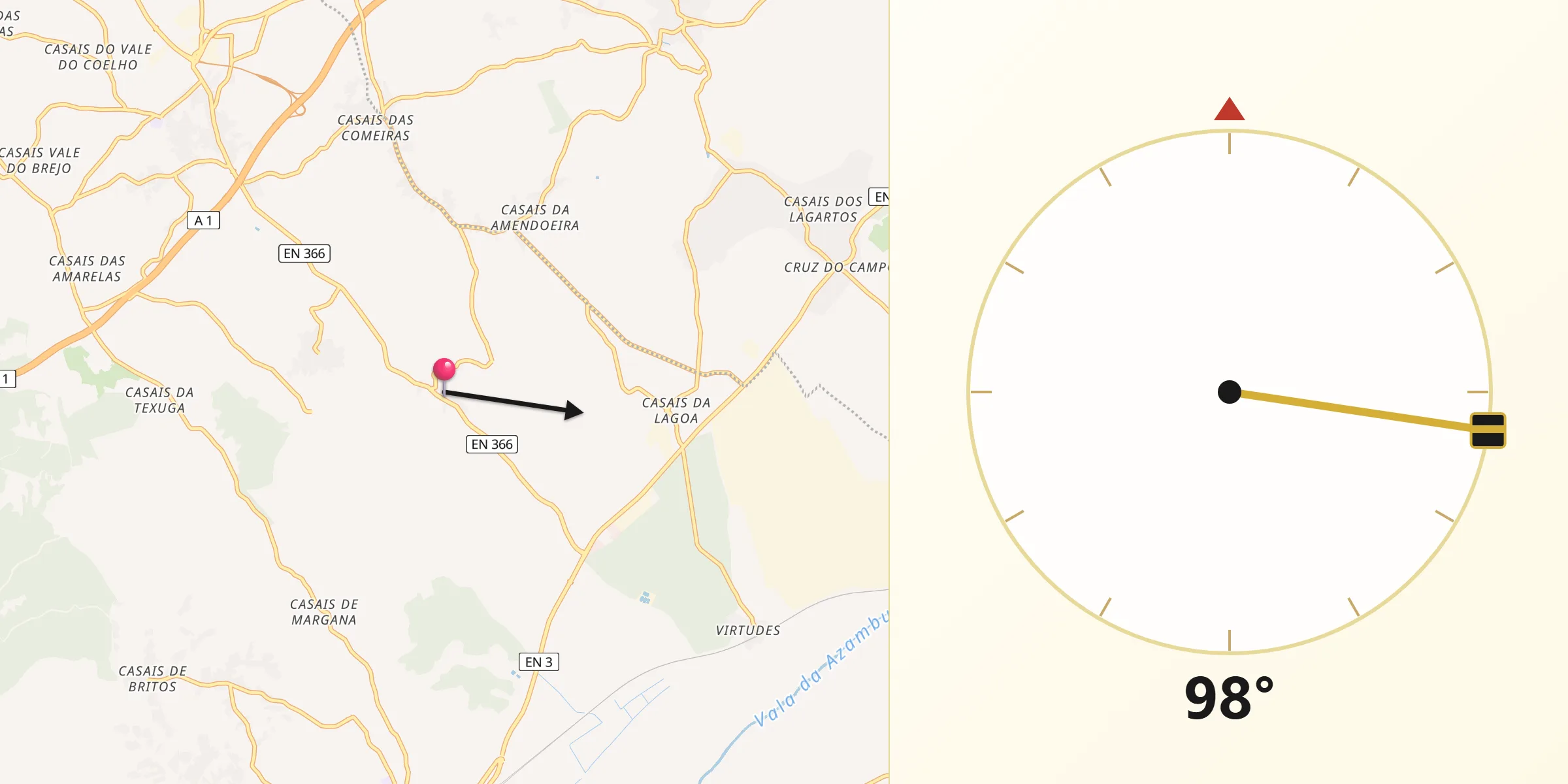 Direção da Qibla a partir de Aveiras de Baixo