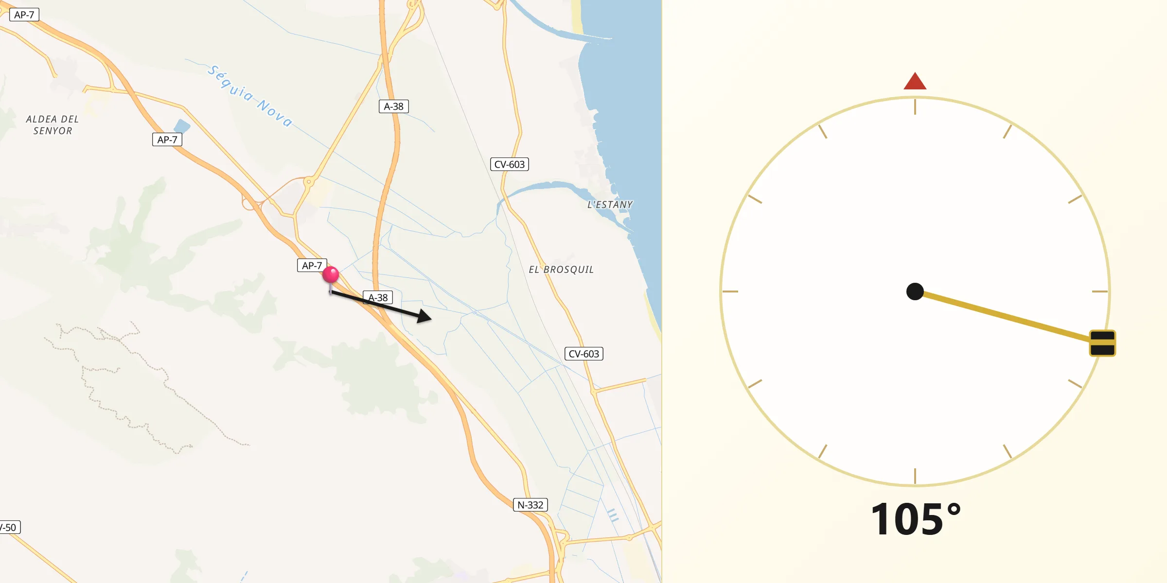 Dirección de la Qibla desde Favara