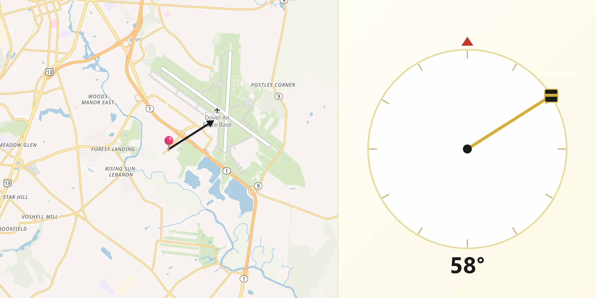 Qibla Direction from Dover Base Housing