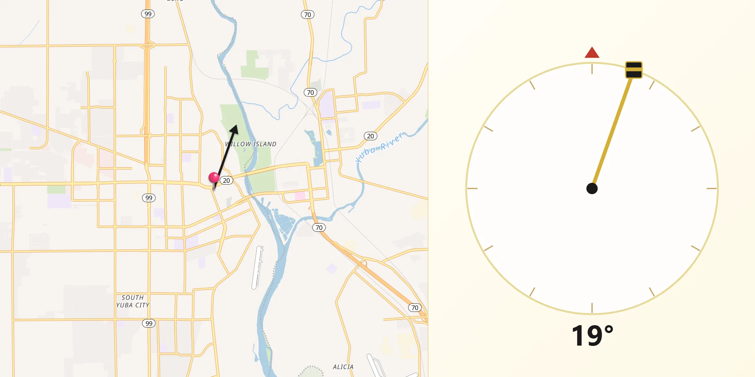 Qibla Direction from Yuba City