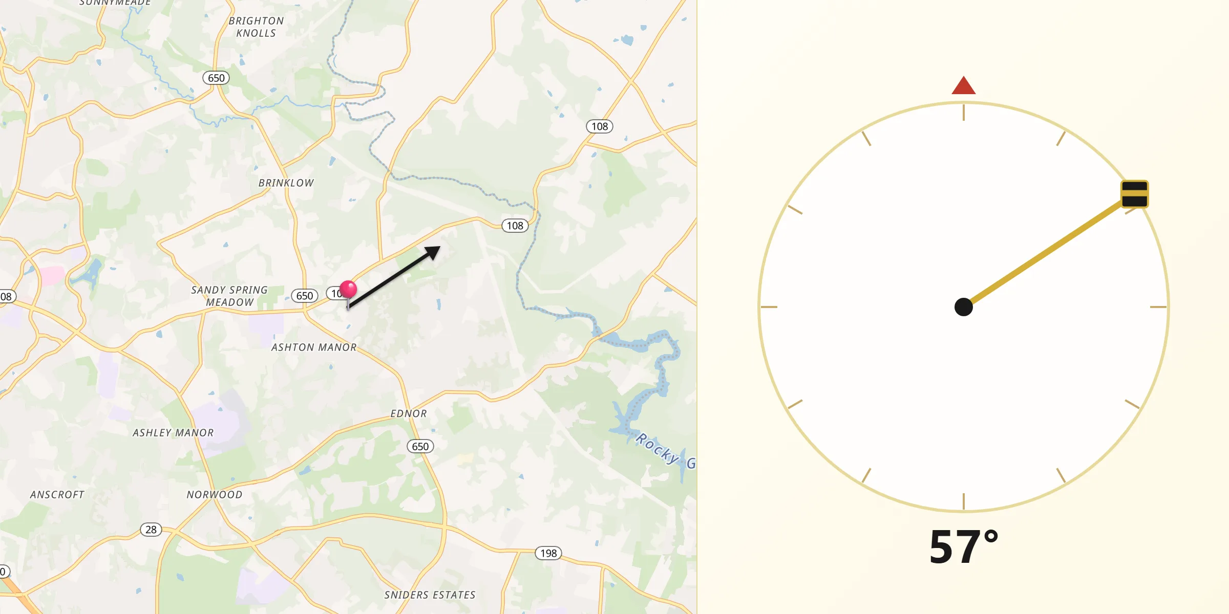 Qibla Direction from Ashton-Sandy Spring
