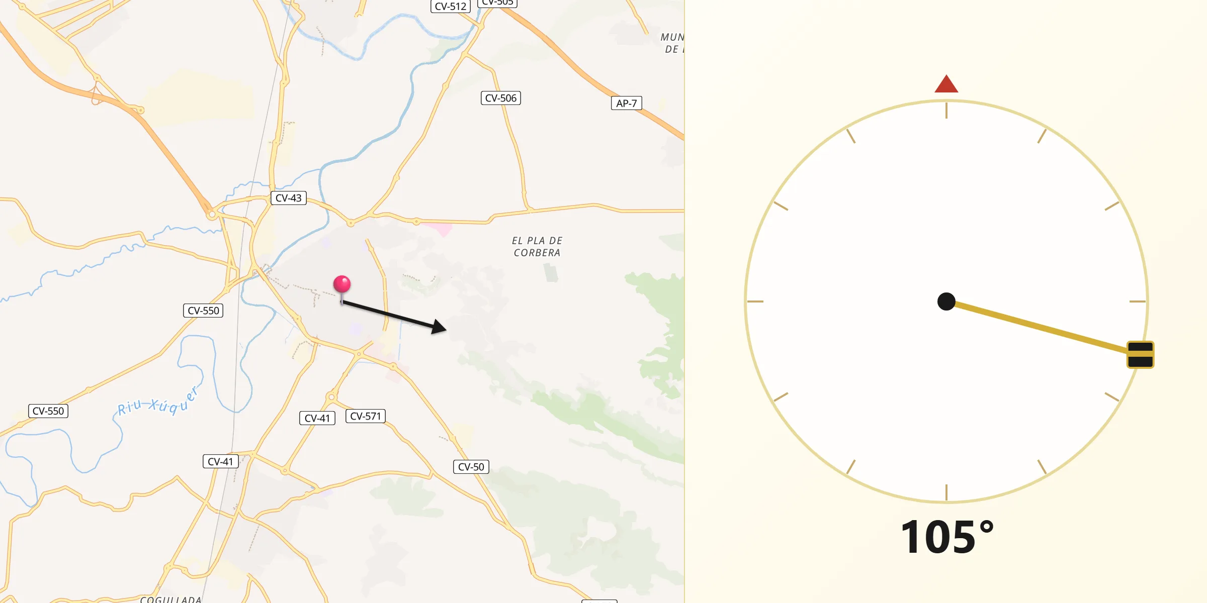 Dirección de la Qibla desde Alcira